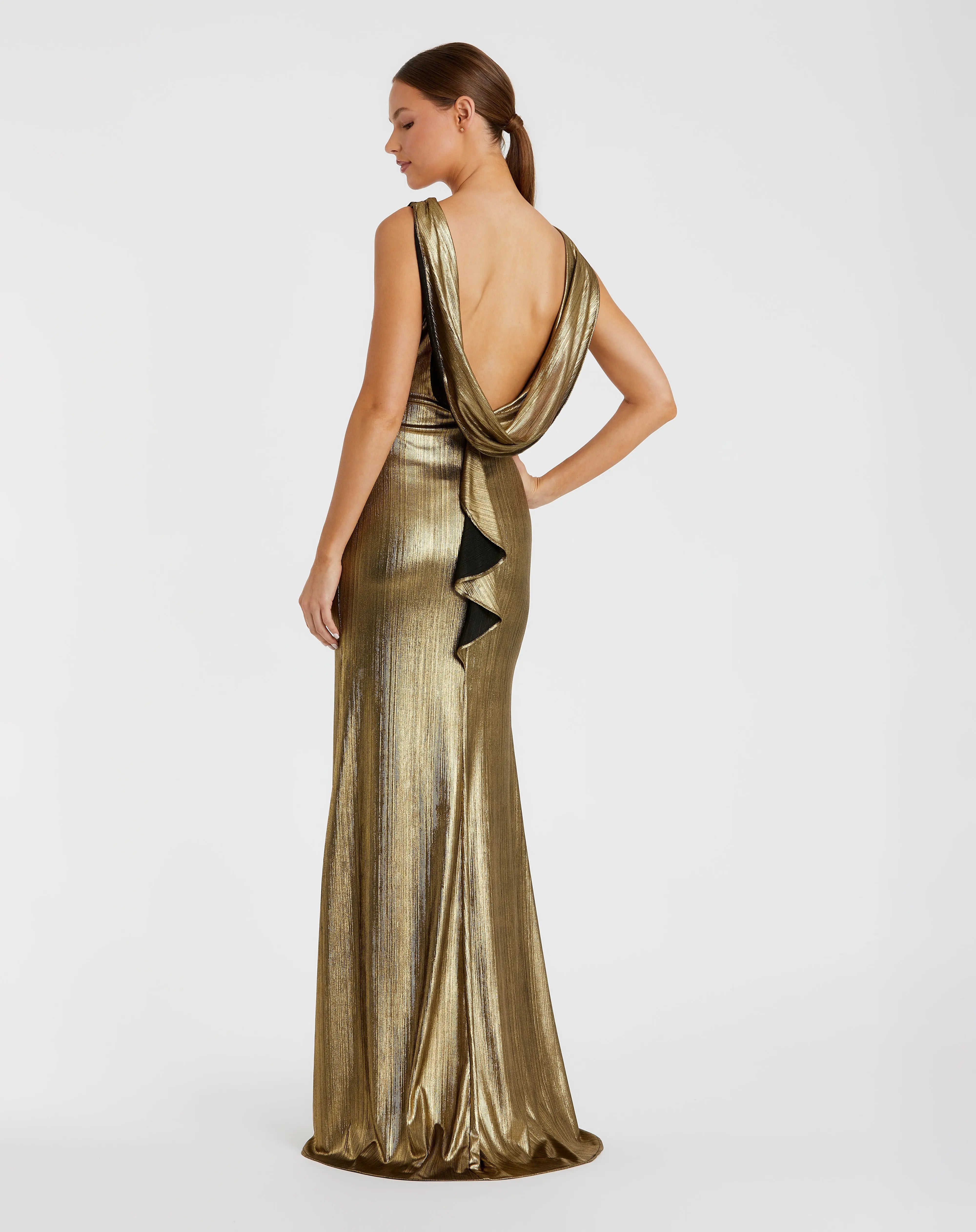 Gold Metallic Jersey Cowl Back Column Gown-Myartka
