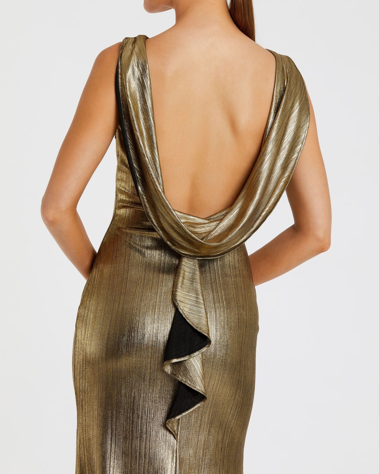 Gold Metallic Jersey Cowl Back Column Gown-Myartka