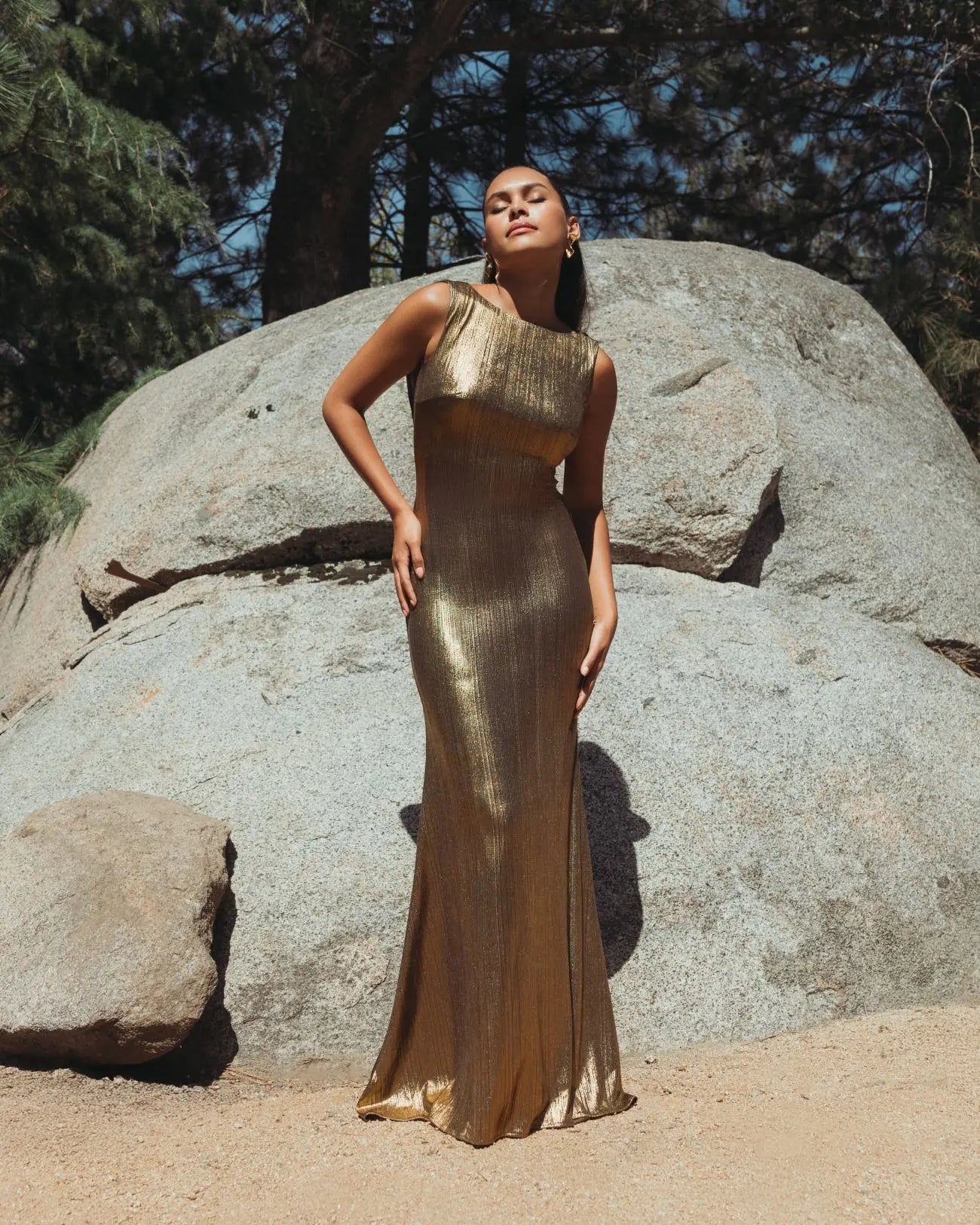 Gold Metallic Jersey Cowl Back Column Gown-Myartka