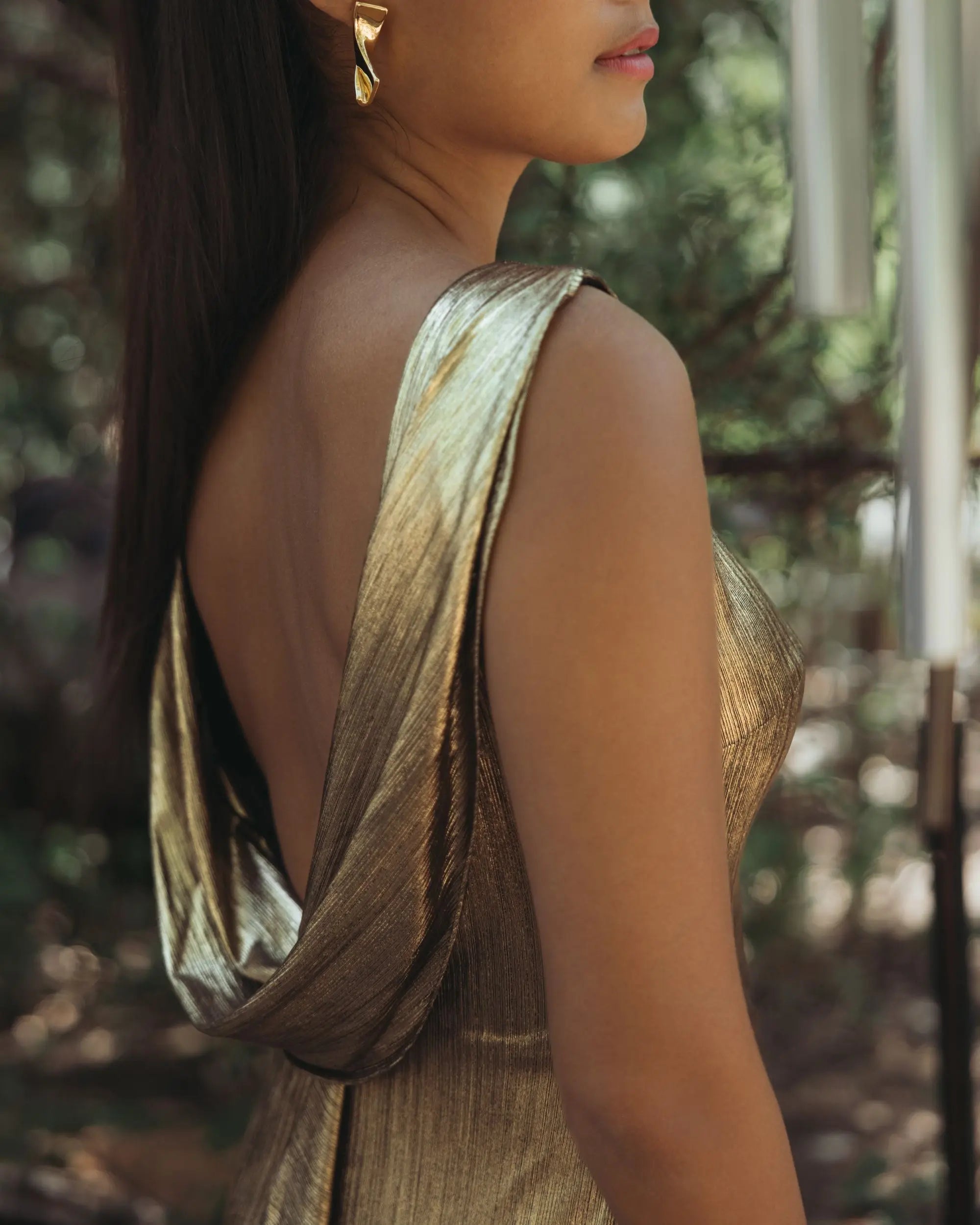 Gold Metallic Jersey Cowl Back Column Gown-Myartka