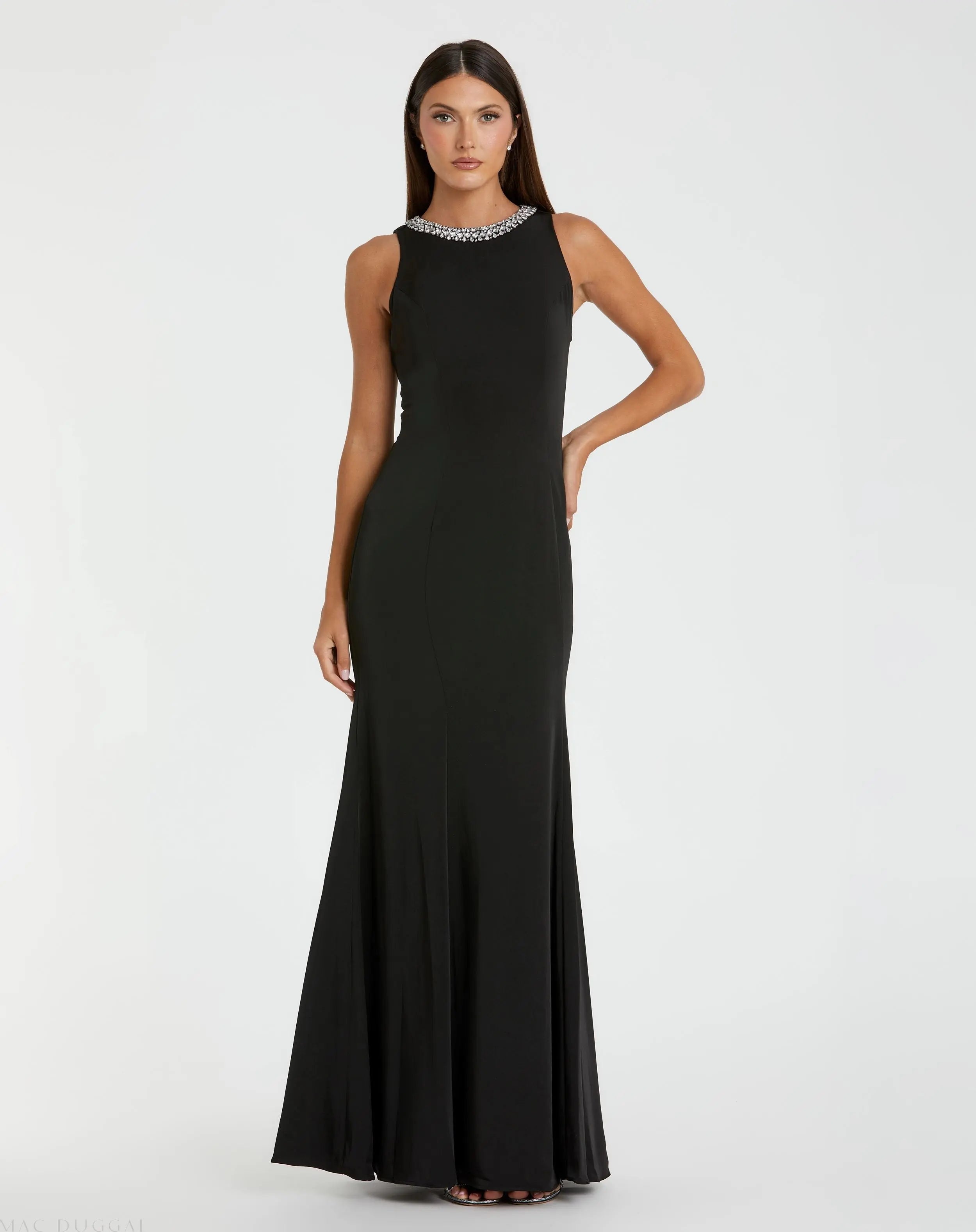 Black Embellished Neck Trumpet Gown-Myartka
