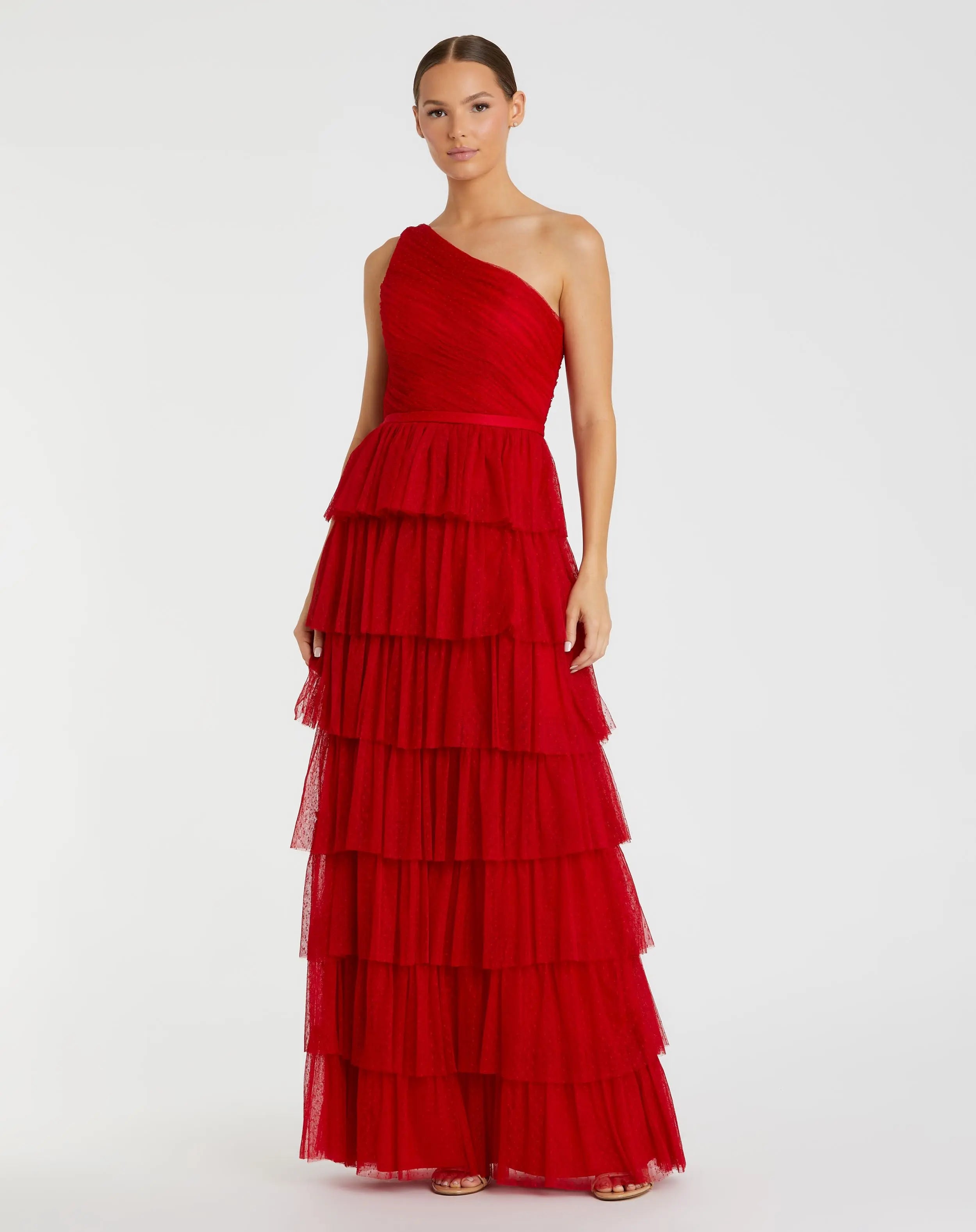 Red One Shoulder Layered Tiered Tulle Gown-Myartka