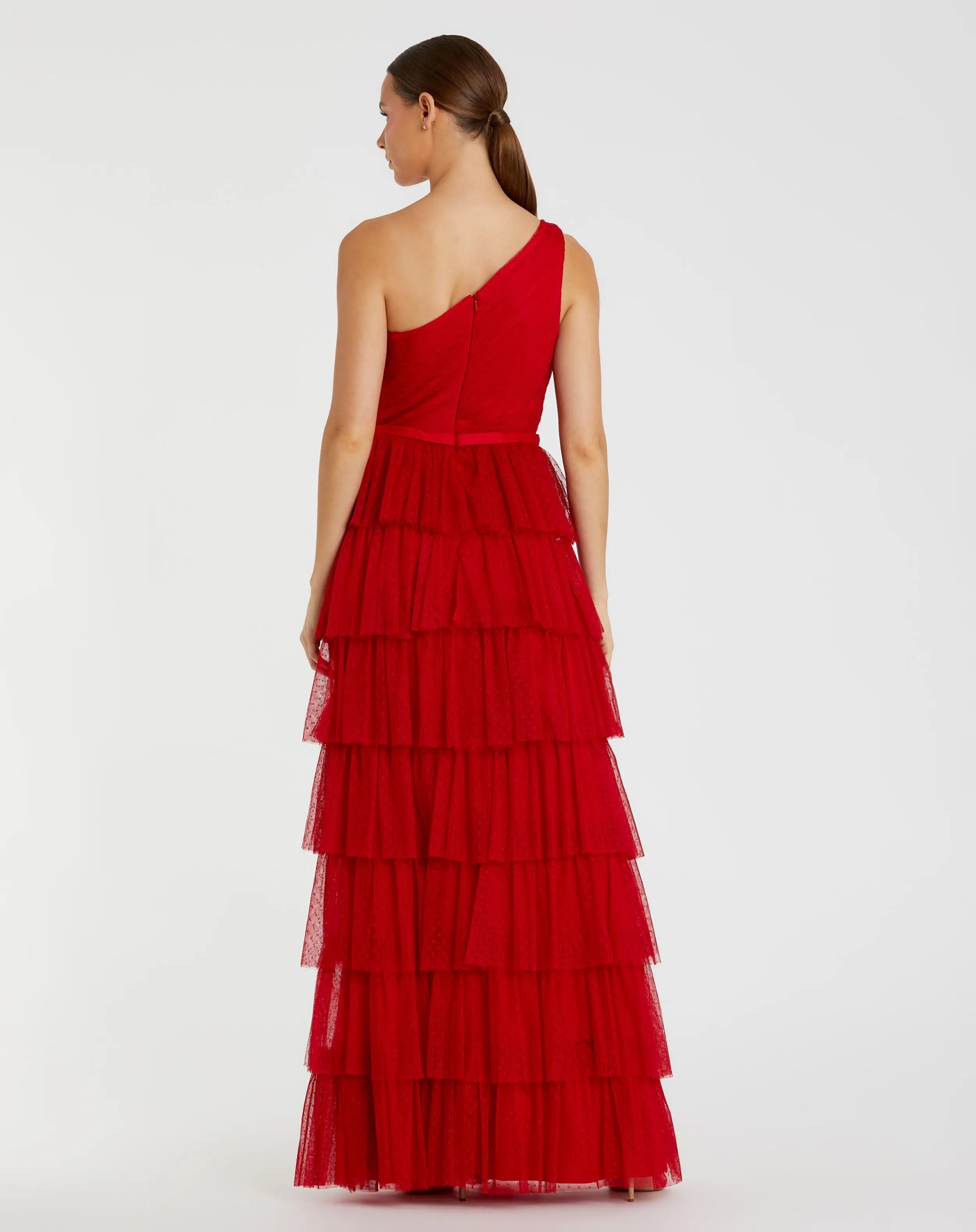 Red One Shoulder Layered Tiered Tulle Gown-Myartka