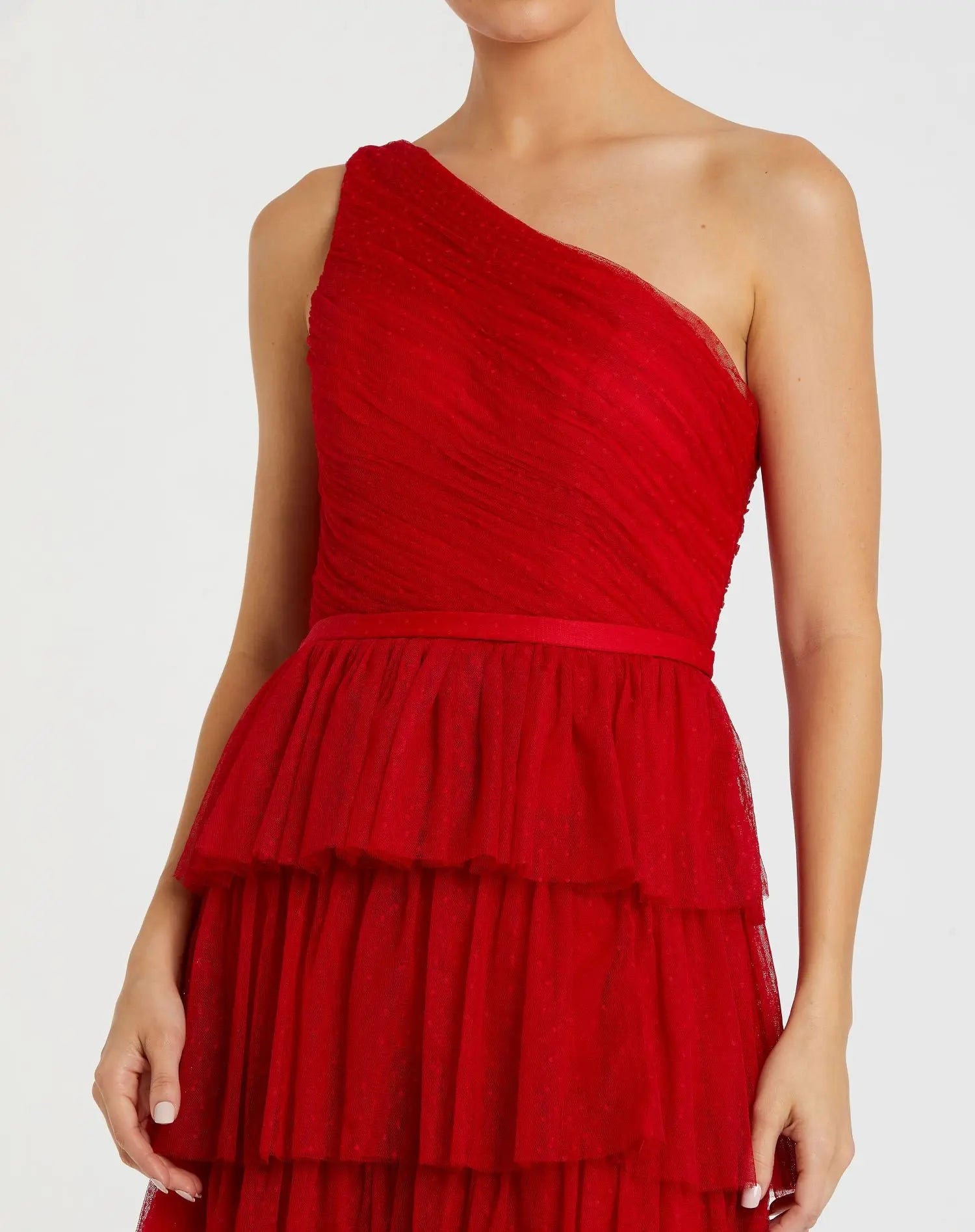 Red One Shoulder Layered Tiered Tulle Gown-Myartka