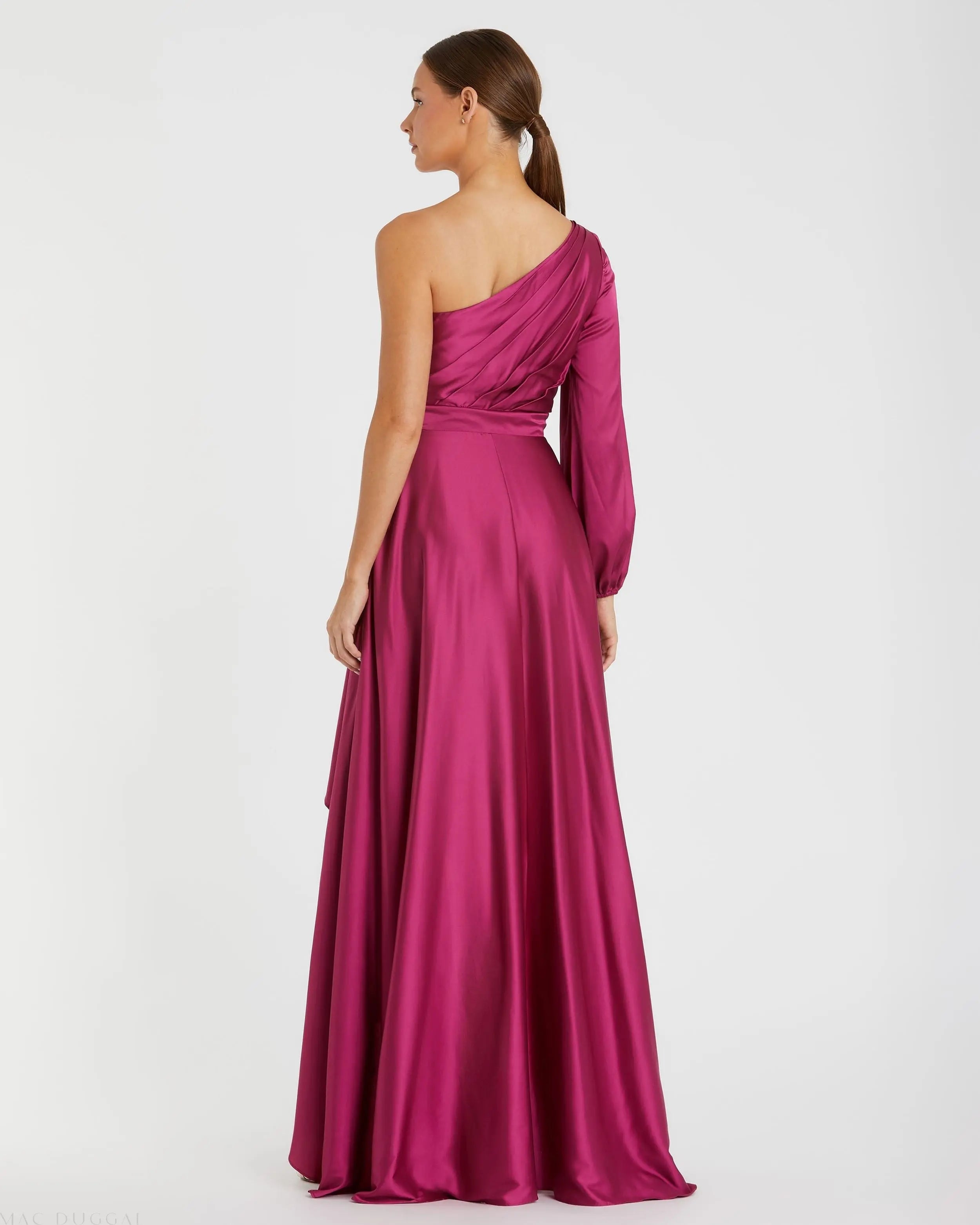 Purple Long Sleeve One Shoulder Satin High Low A-line Gown - FINAL SALE-Myartka