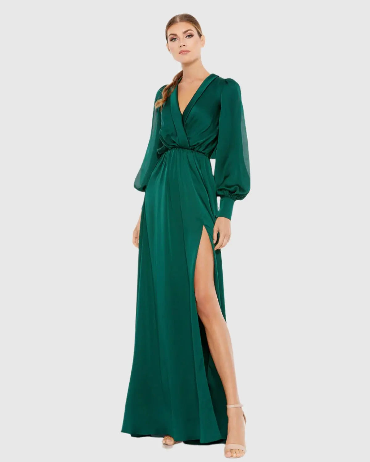 Green Bishop Sleeve Faux Wrap Gown-Myartka