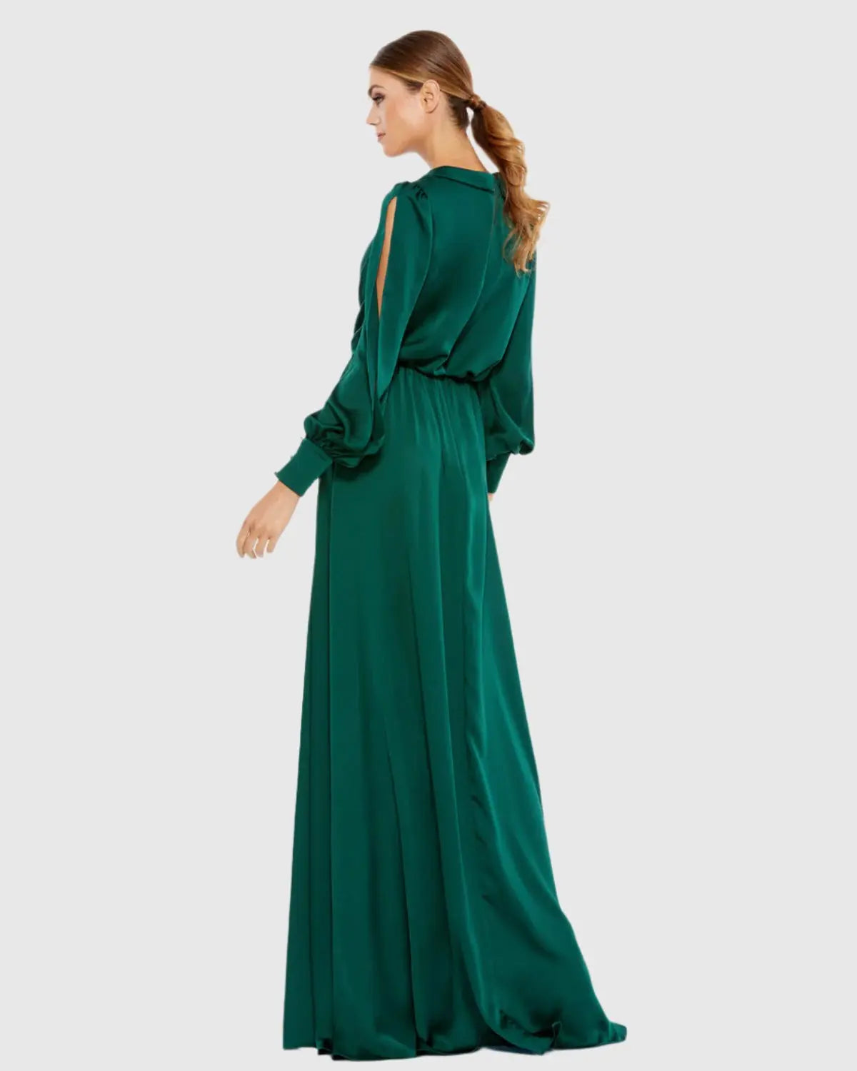 Green Bishop Sleeve Faux Wrap Gown-Myartka