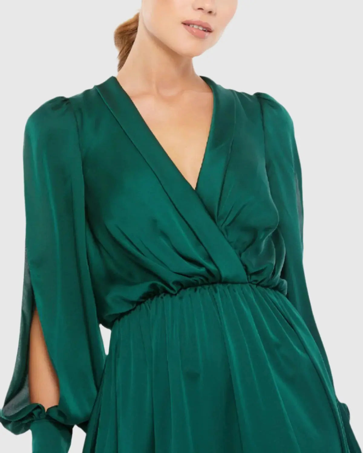 Green Bishop Sleeve Faux Wrap Gown-Myartka