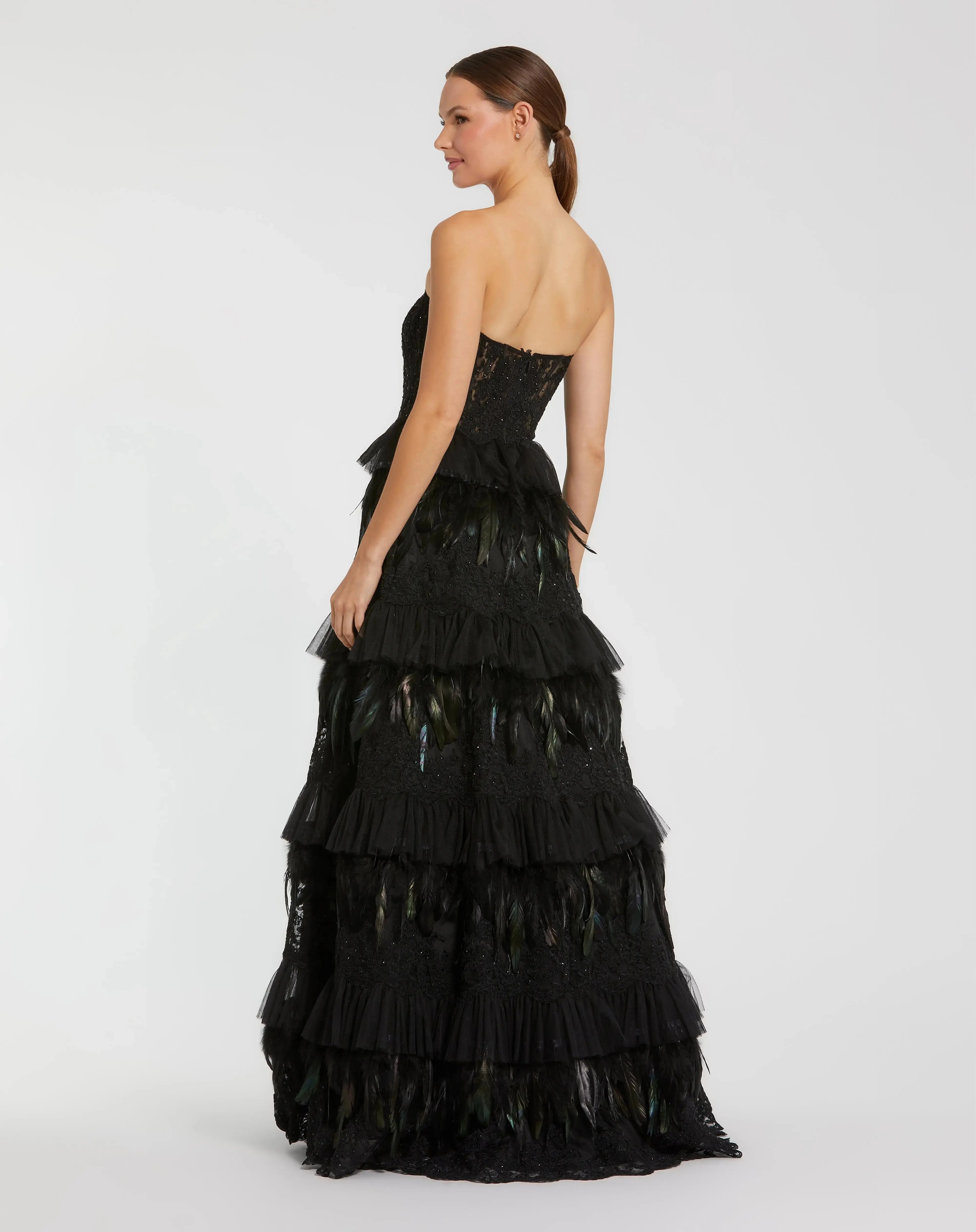 Black Strapless Sweetheart Lace Tiered Feather Ball Gown-Myartka