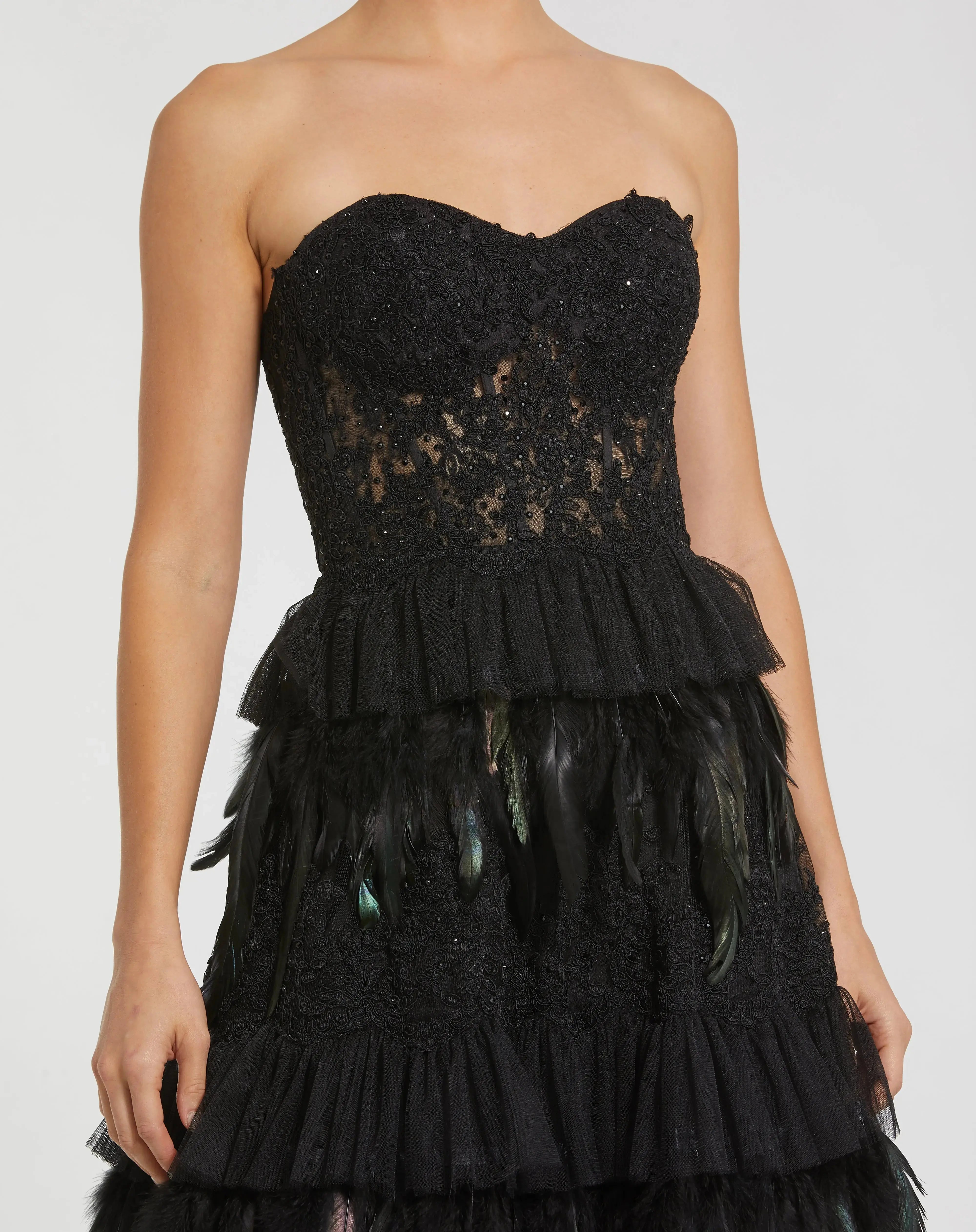 Black Strapless Sweetheart Lace Tiered Feather Ball Gown-Myartka