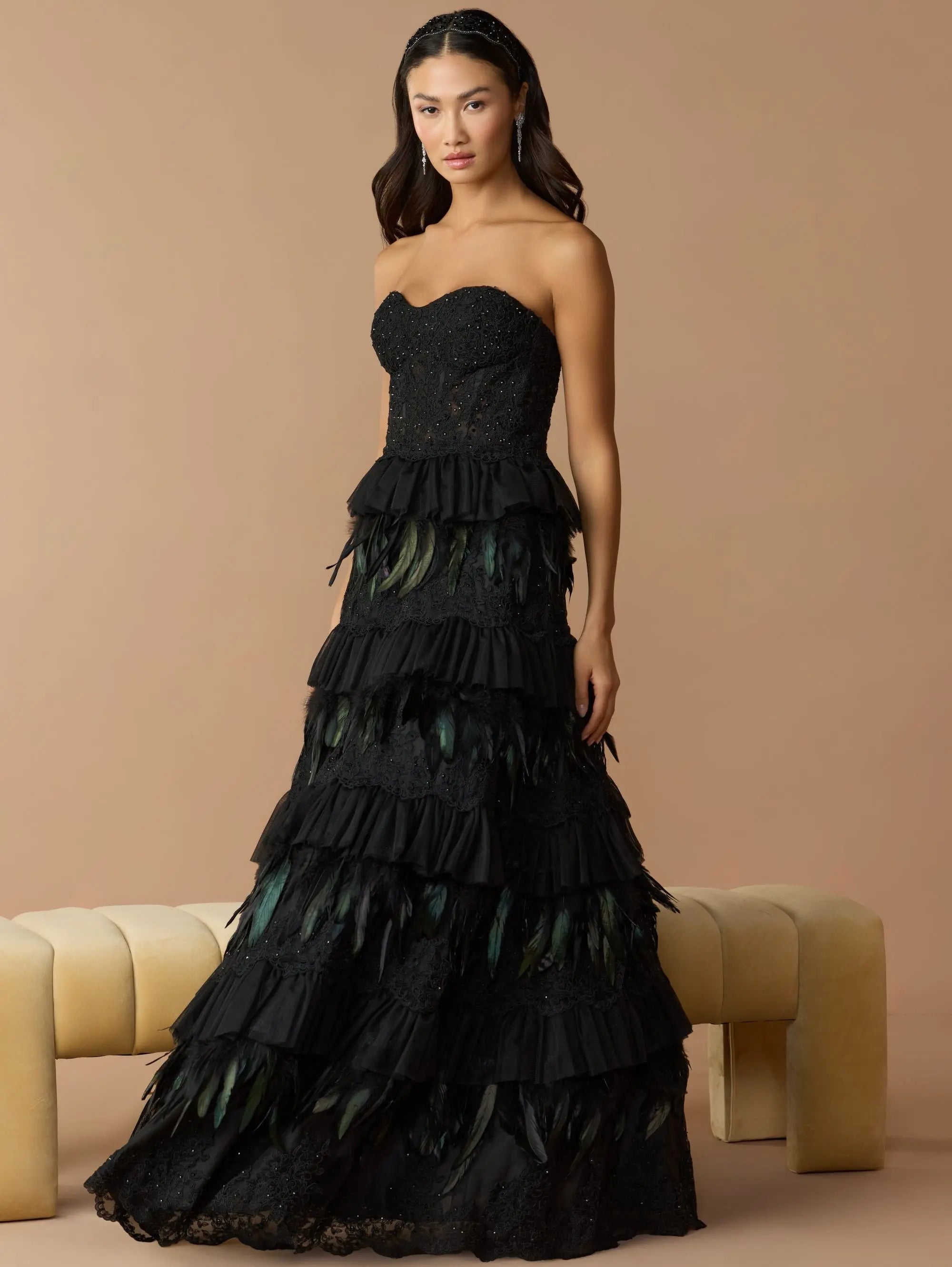 Black Strapless Sweetheart Lace Tiered Feather Ball Gown-Myartka