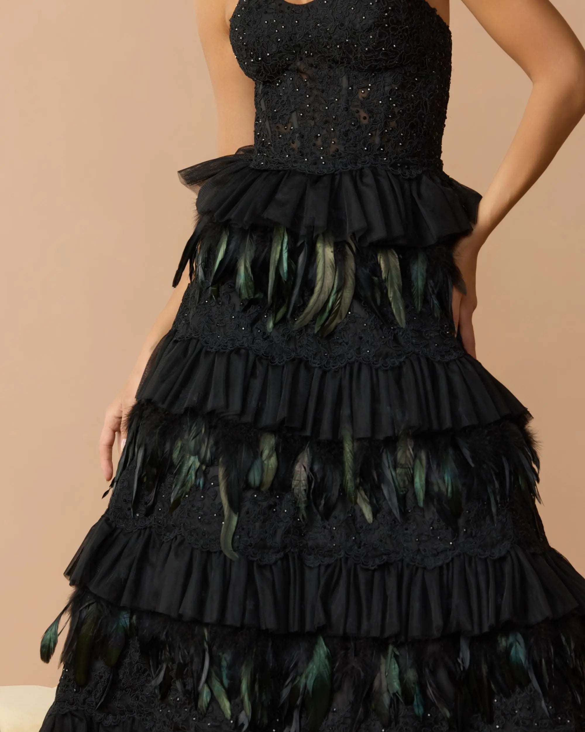 Black Strapless Sweetheart Lace Tiered Feather Ball Gown-Myartka