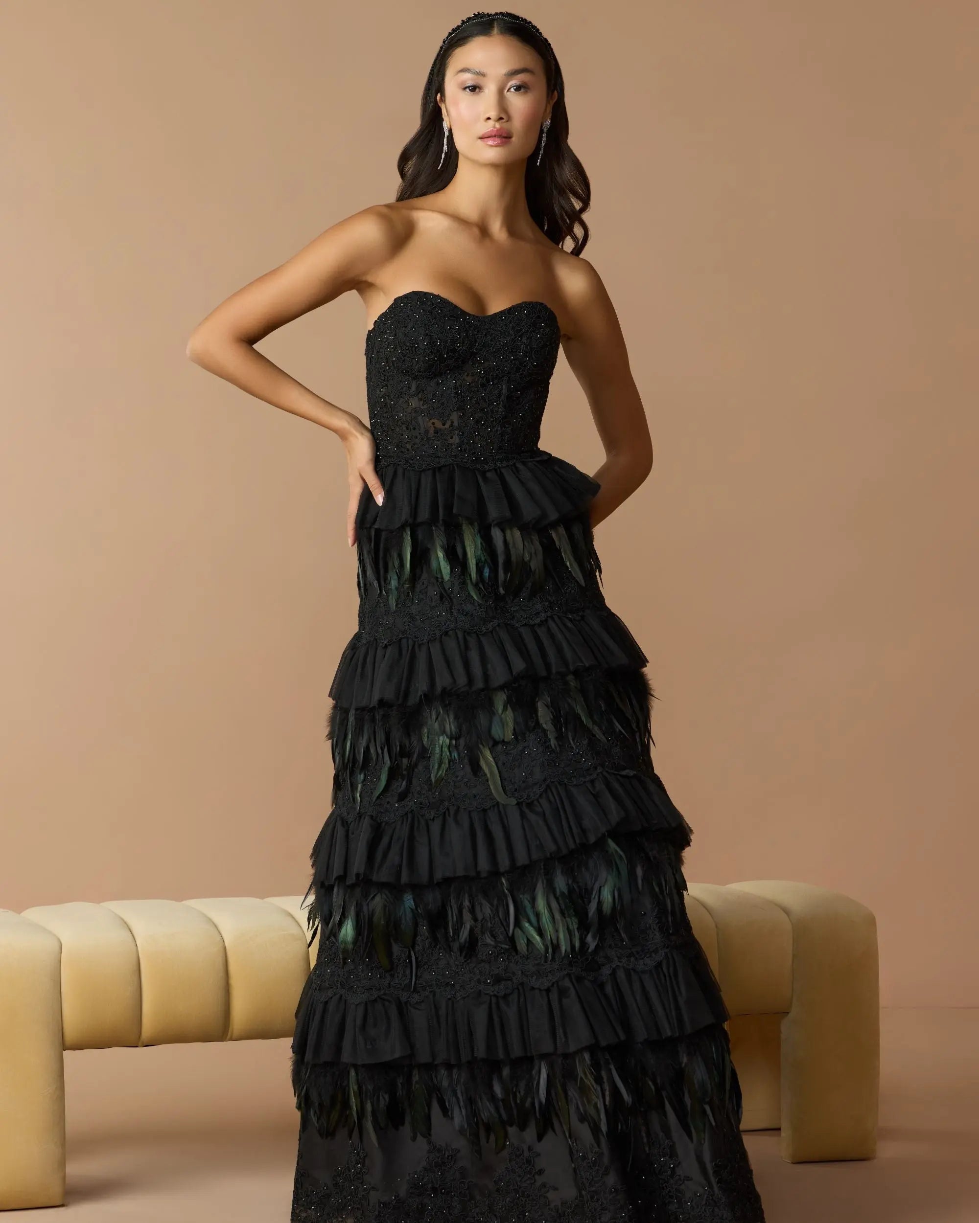Black Strapless Sweetheart Lace Tiered Feather Ball Gown-Myartka