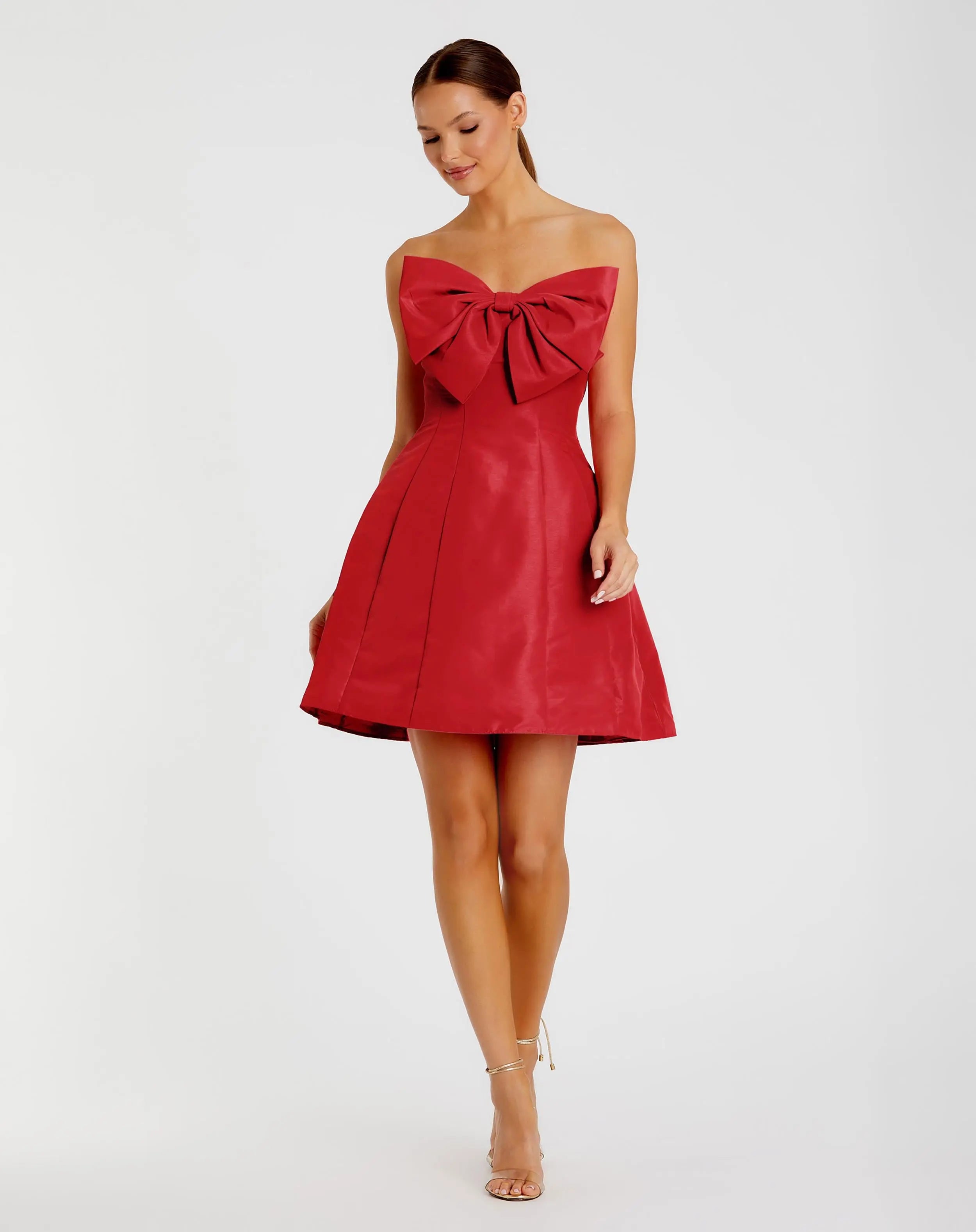Red Strapless Oversized Bow Fit & Flare Mini Dress-Myartka