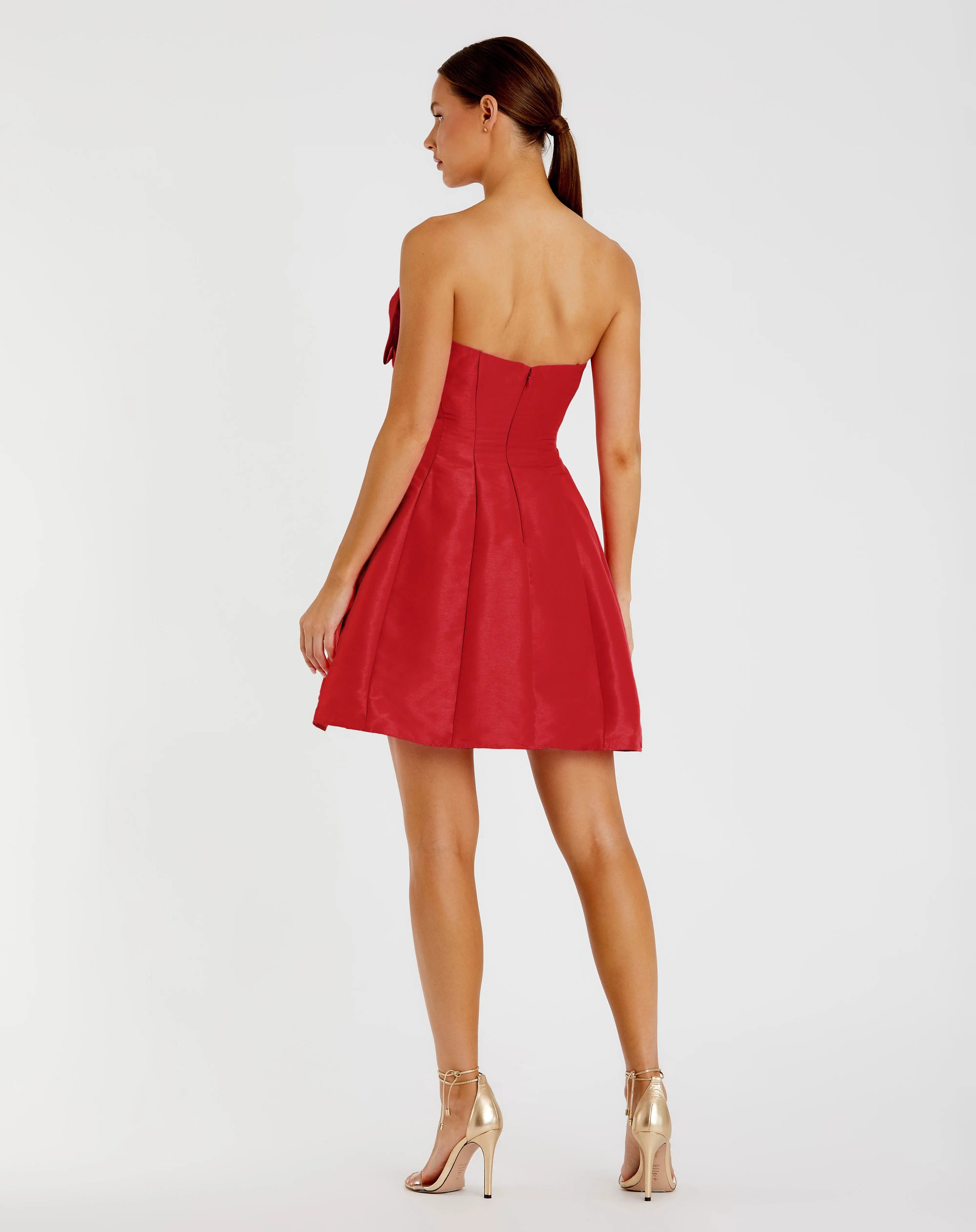 Red Strapless Oversized Bow Fit & Flare Mini Dress-Myartka