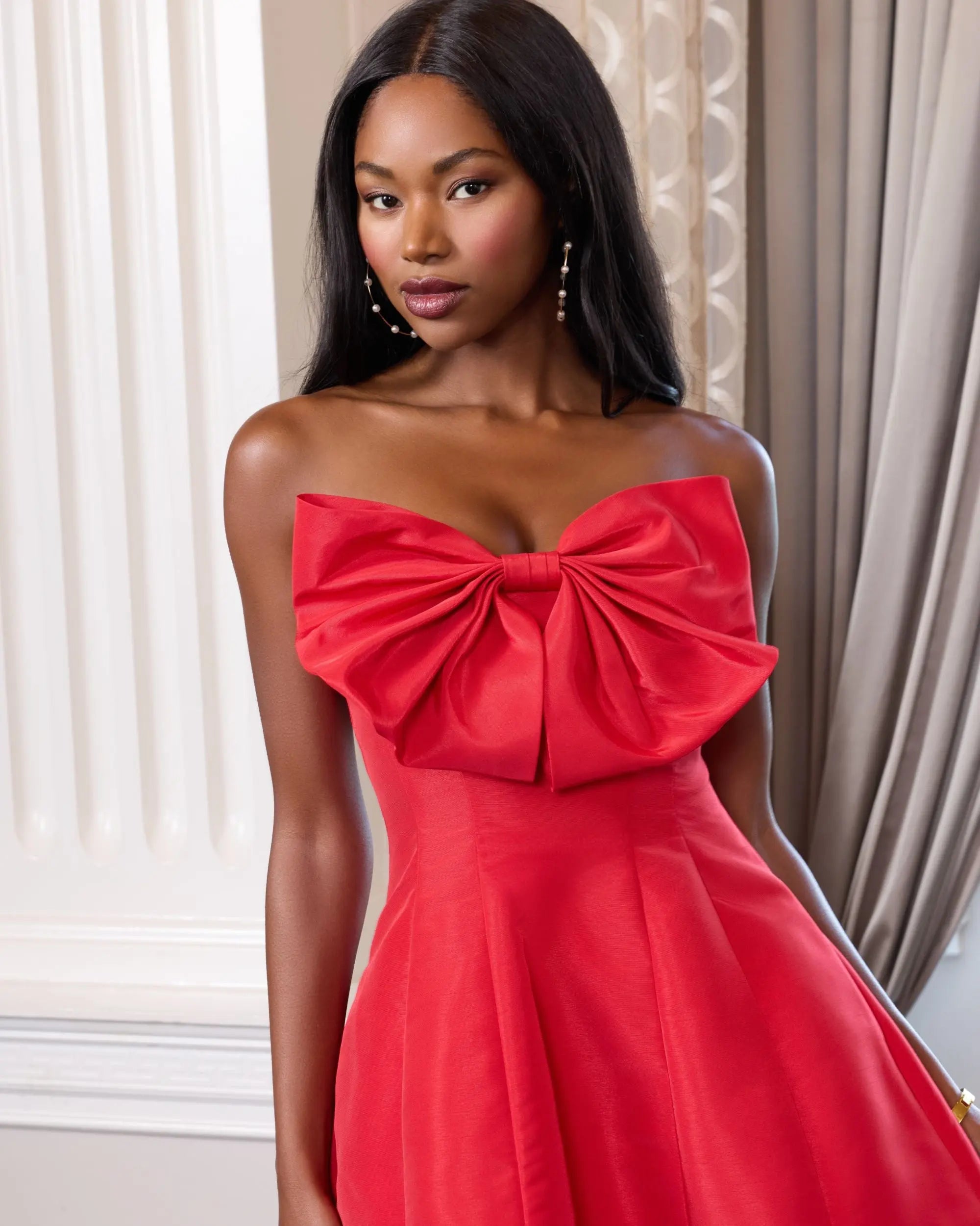 Red Strapless Oversized Bow Fit & Flare Mini Dress-Myartka