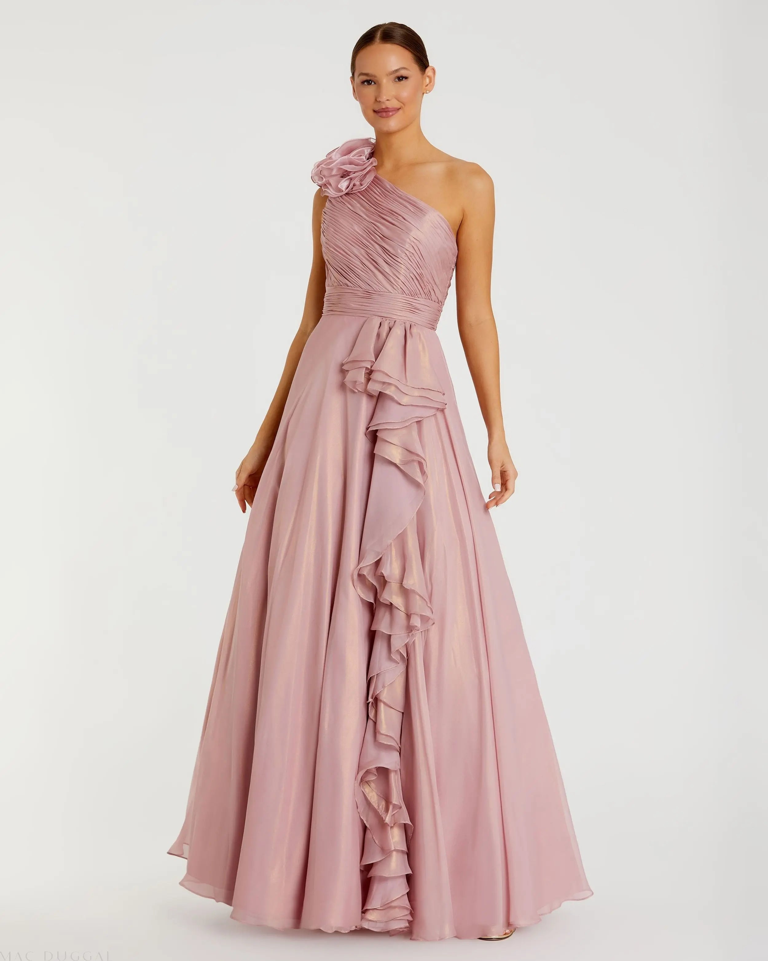 Pink Iridescent One Shoulder Rosette Ball Gown-Myartka