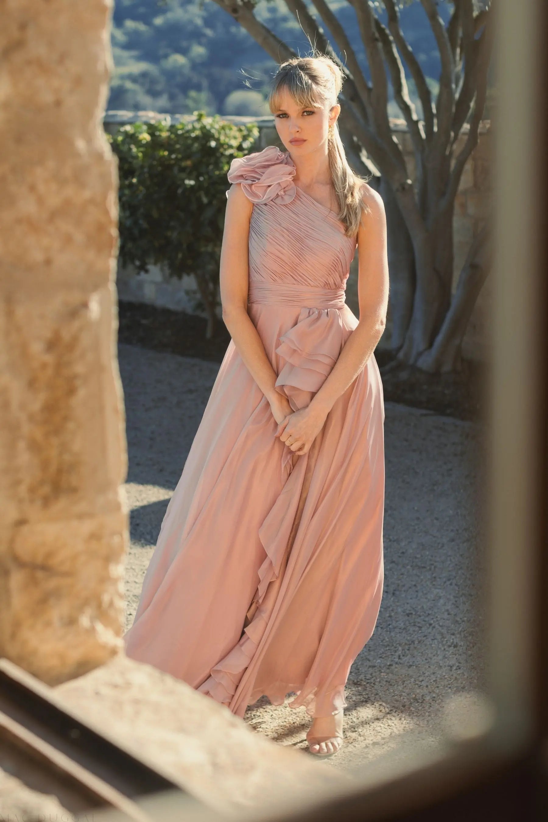 Pink Iridescent One Shoulder Rosette Ball Gown-Myartka