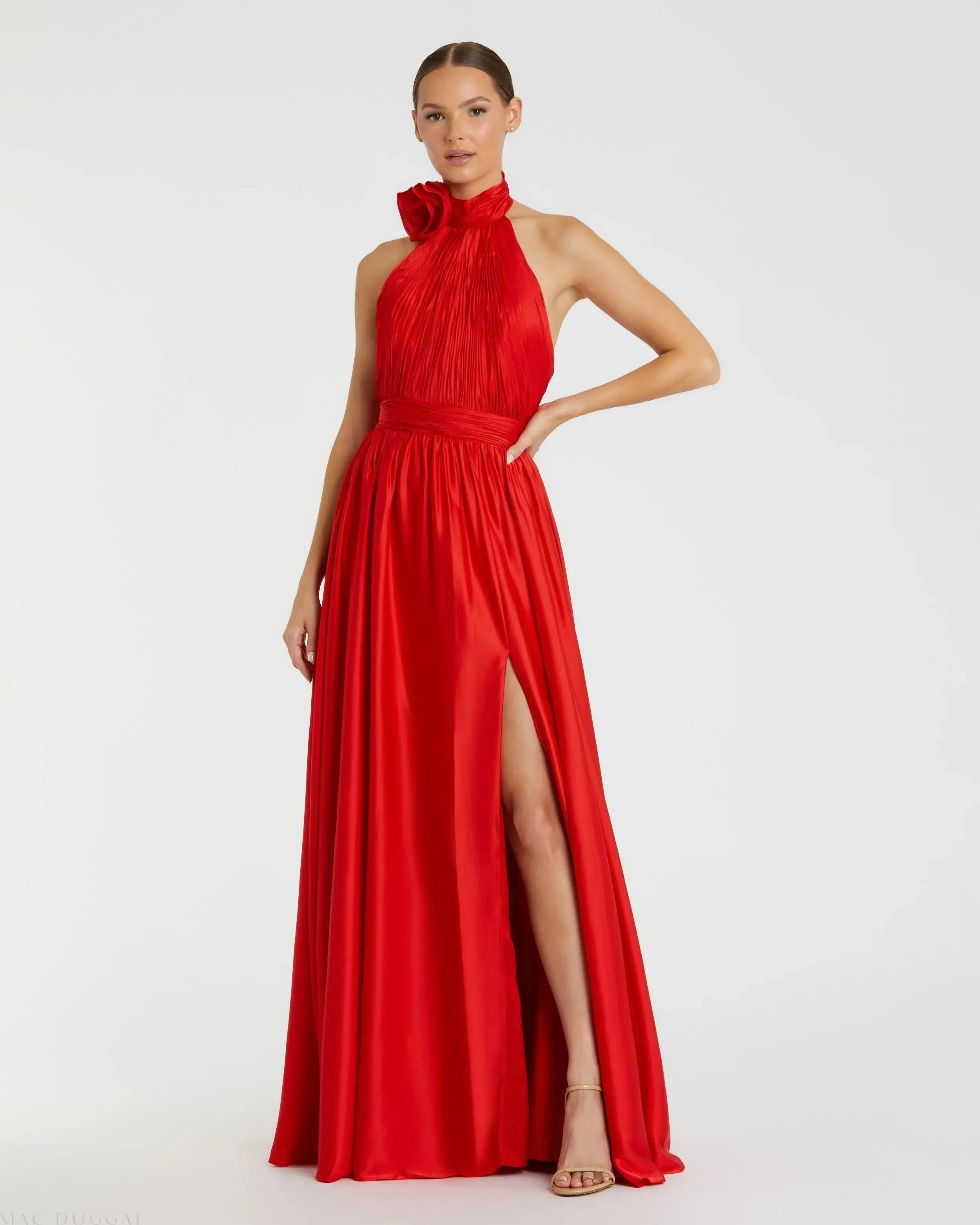 Red Soft Tie Halter Neck High Slit Gown-Myartka