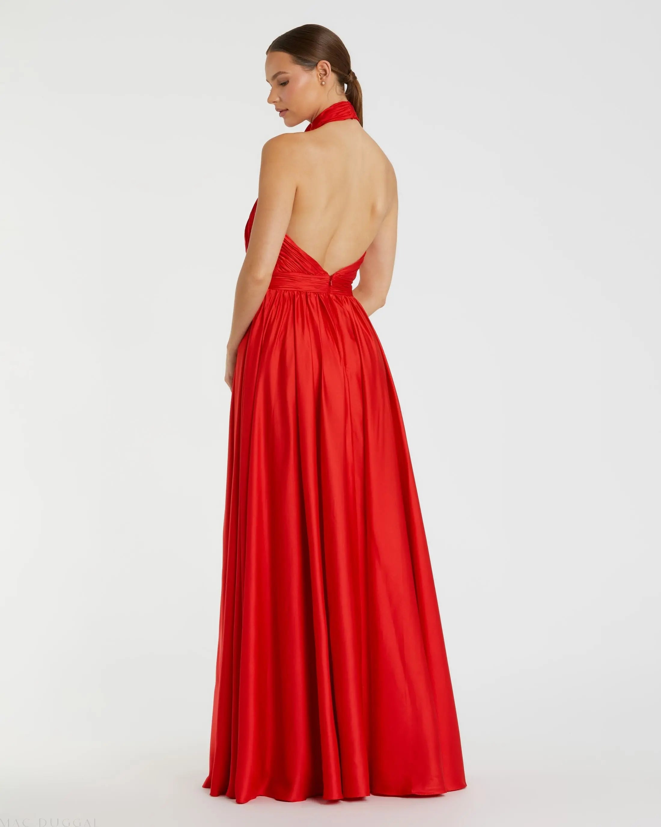 Red Soft Tie Halter Neck High Slit Gown-Myartka