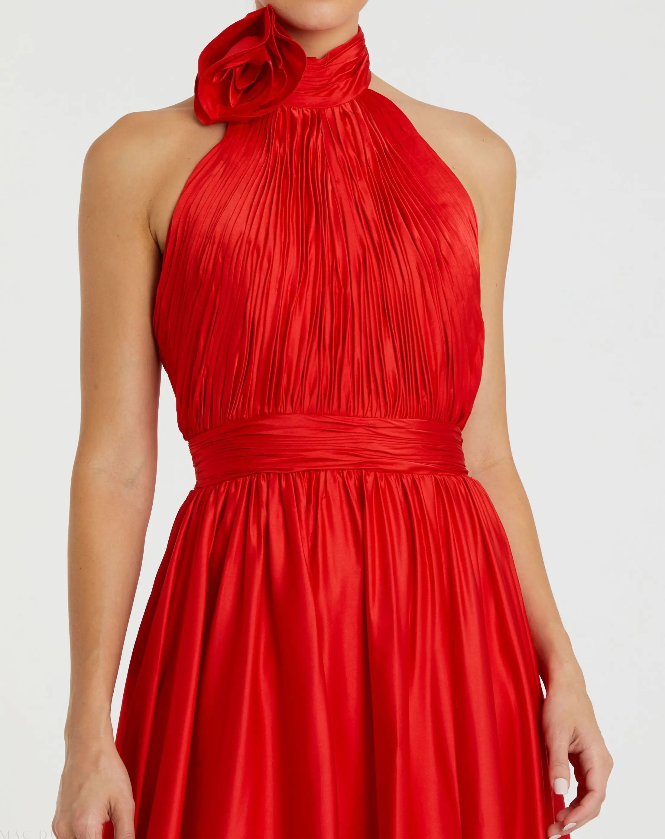 Red Soft Tie Halter Neck High Slit Gown-Myartka