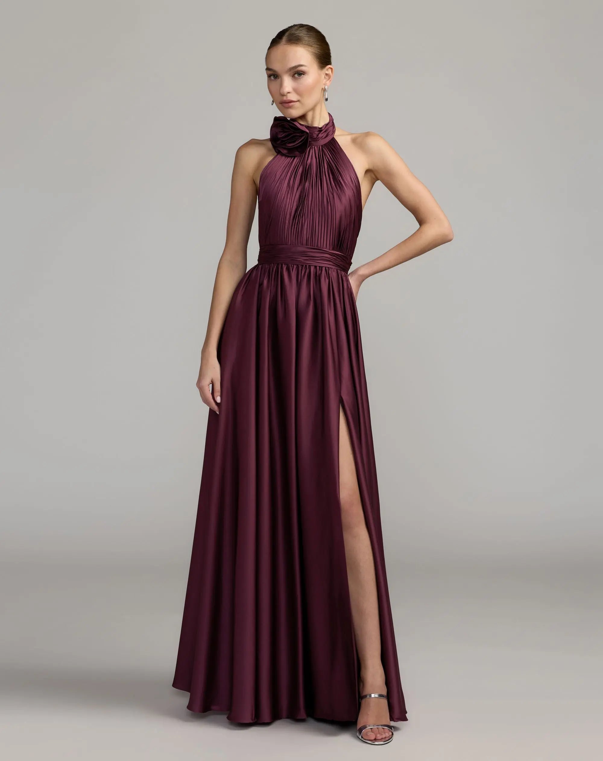 Purple Soft Tie Halter Neck High Slit Gown-Myartka