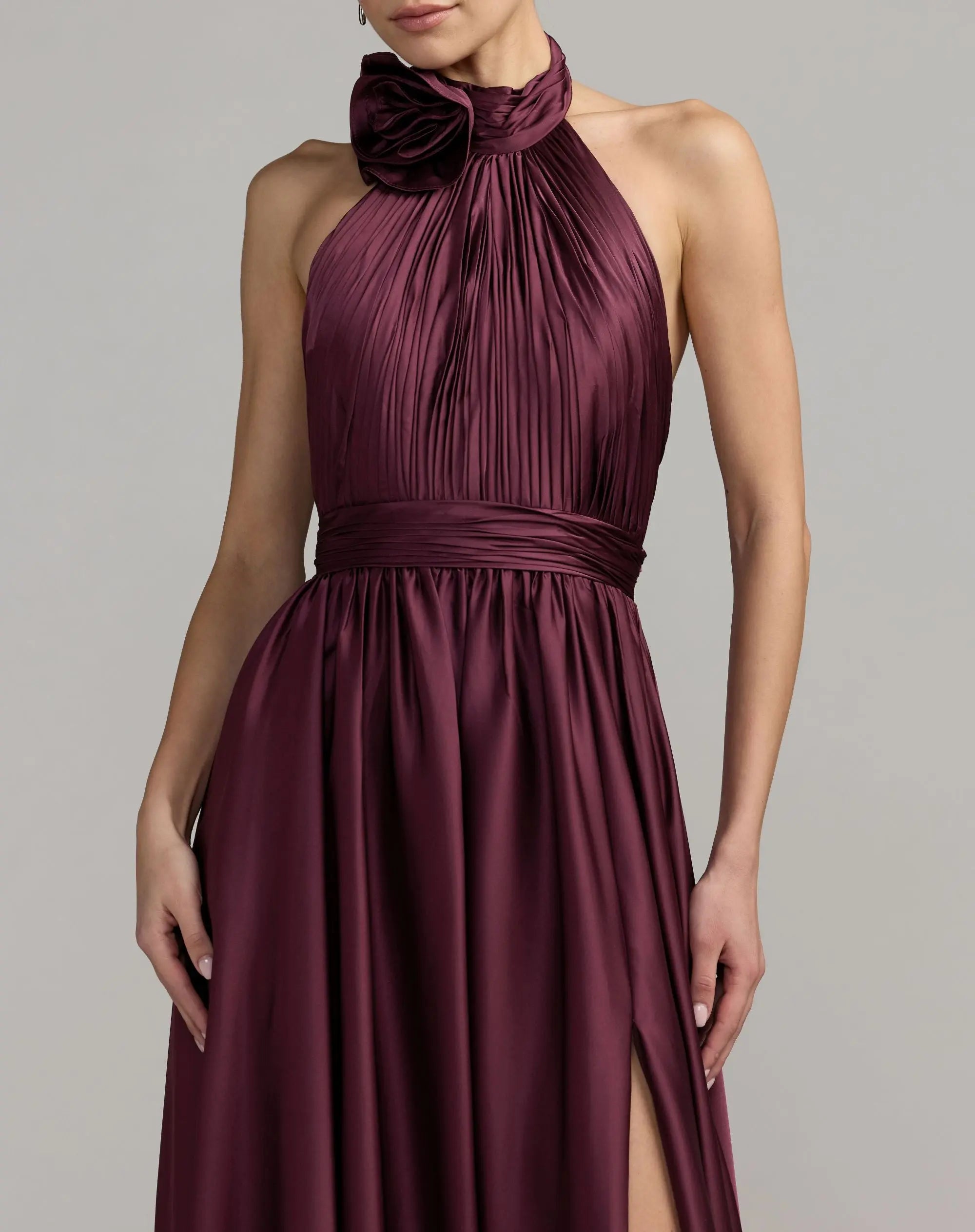 Purple Soft Tie Halter Neck High Slit Gown-Myartka