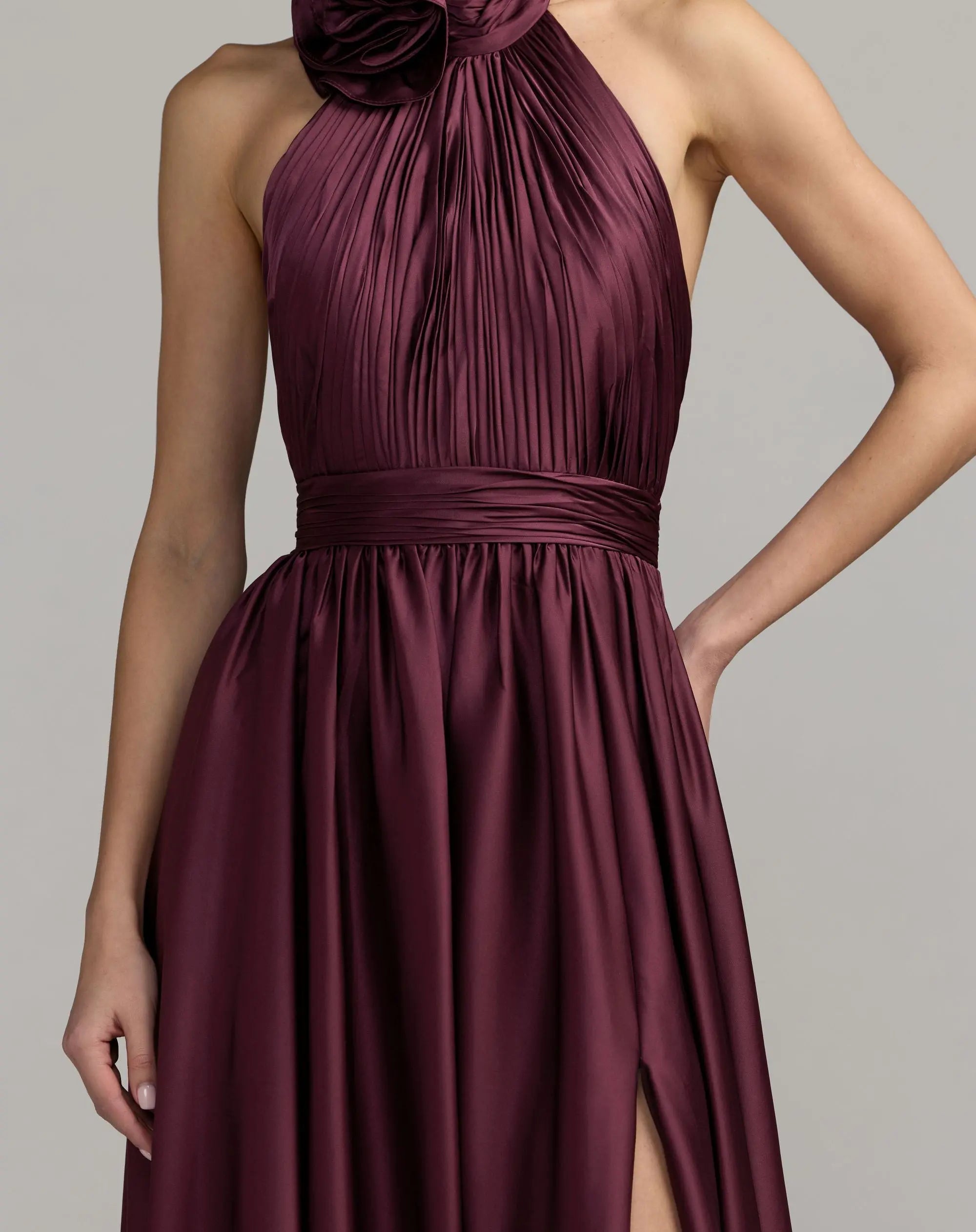 Purple Soft Tie Halter Neck High Slit Gown-Myartka