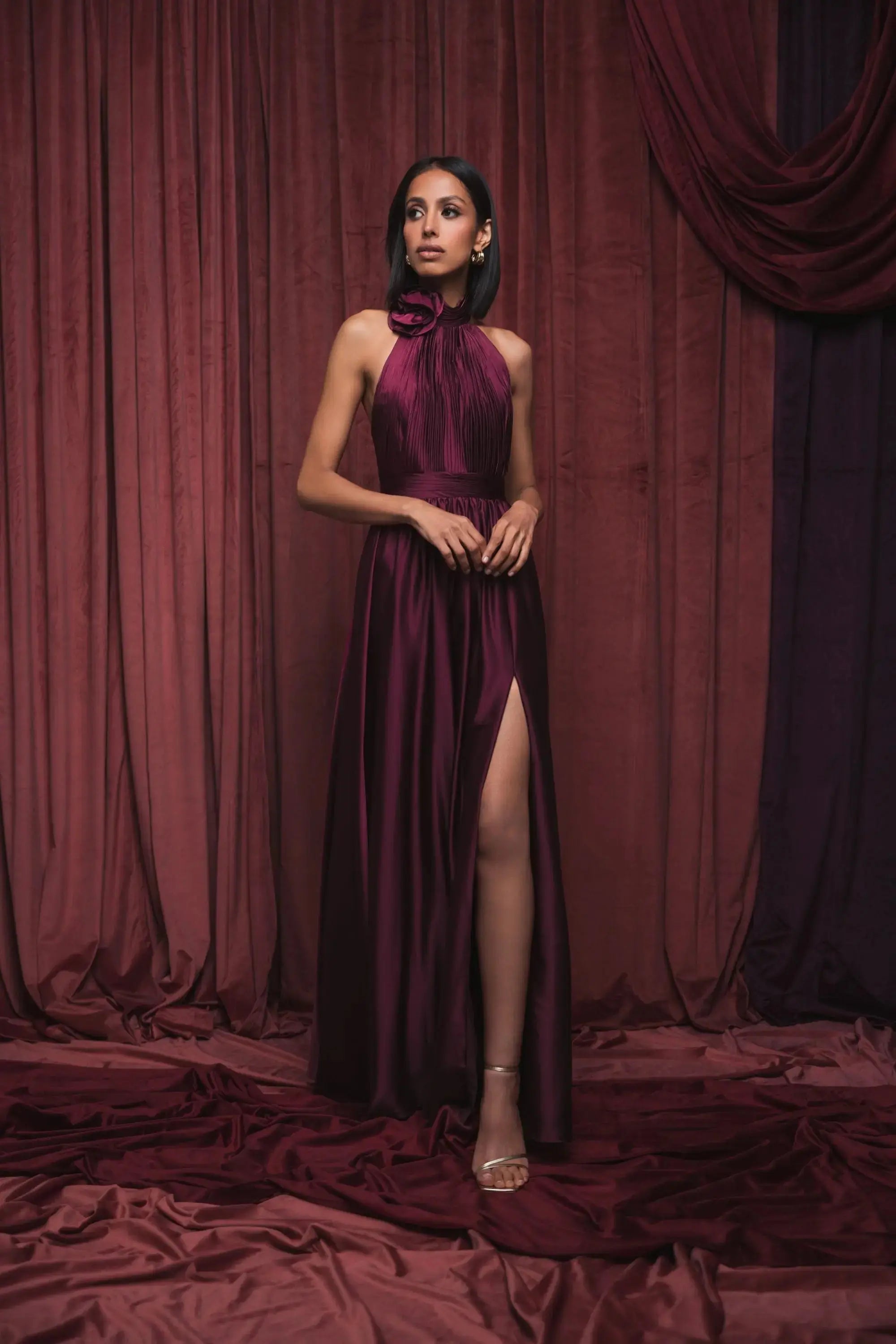 Purple Soft Tie Halter Neck High Slit Gown-Myartka