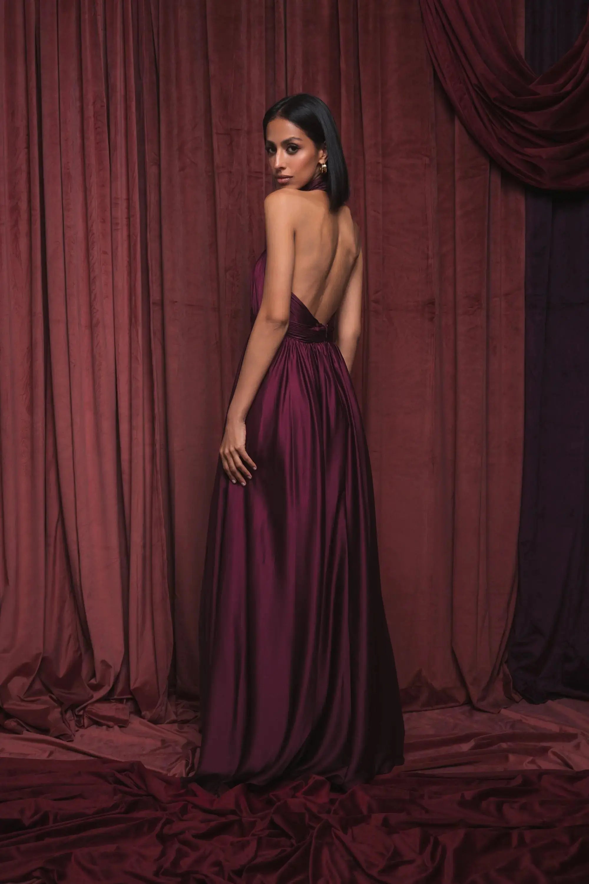 Purple Soft Tie Halter Neck High Slit Gown-Myartka