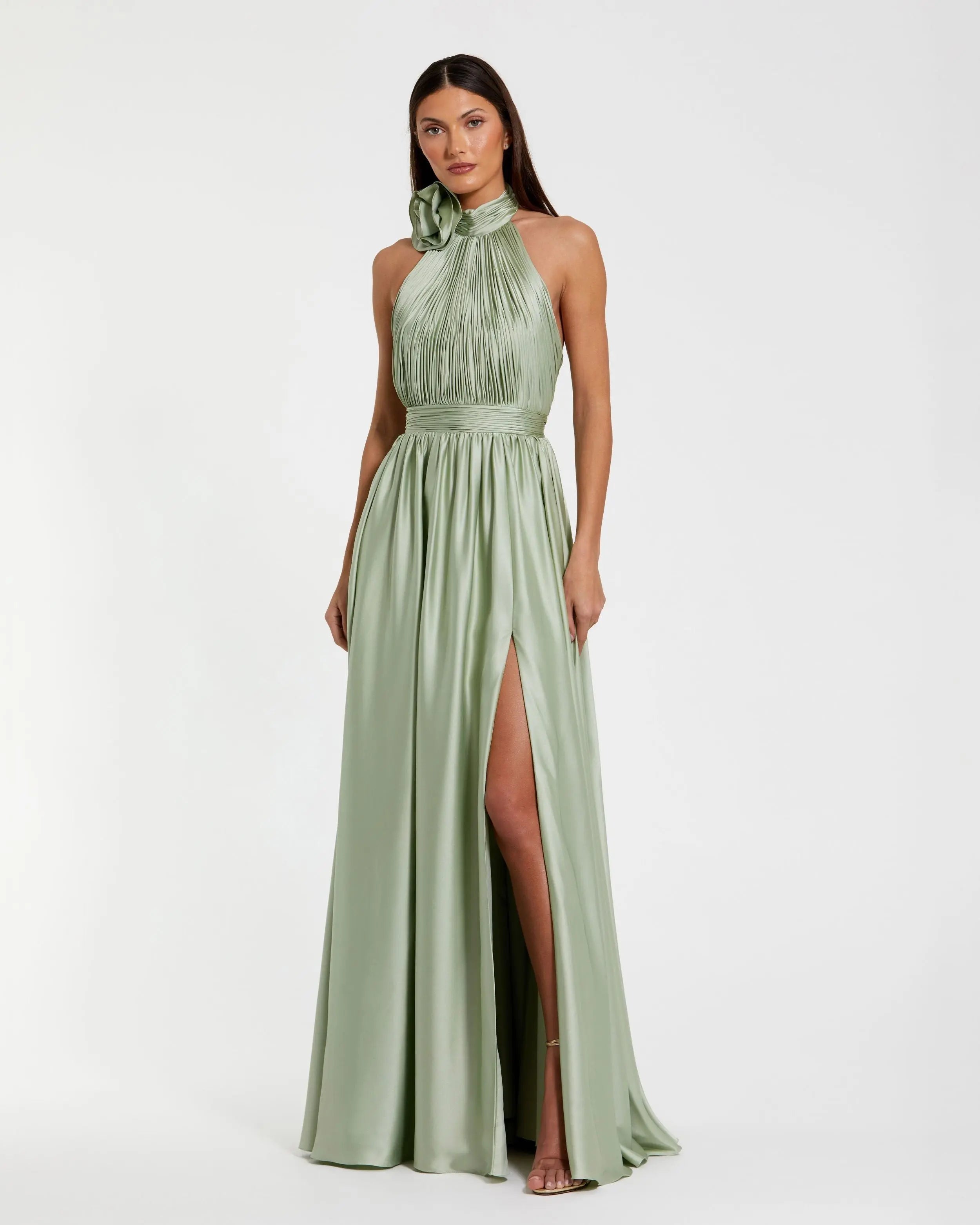 Green Soft Tie Halter Neck High Slit Gown-Myartka