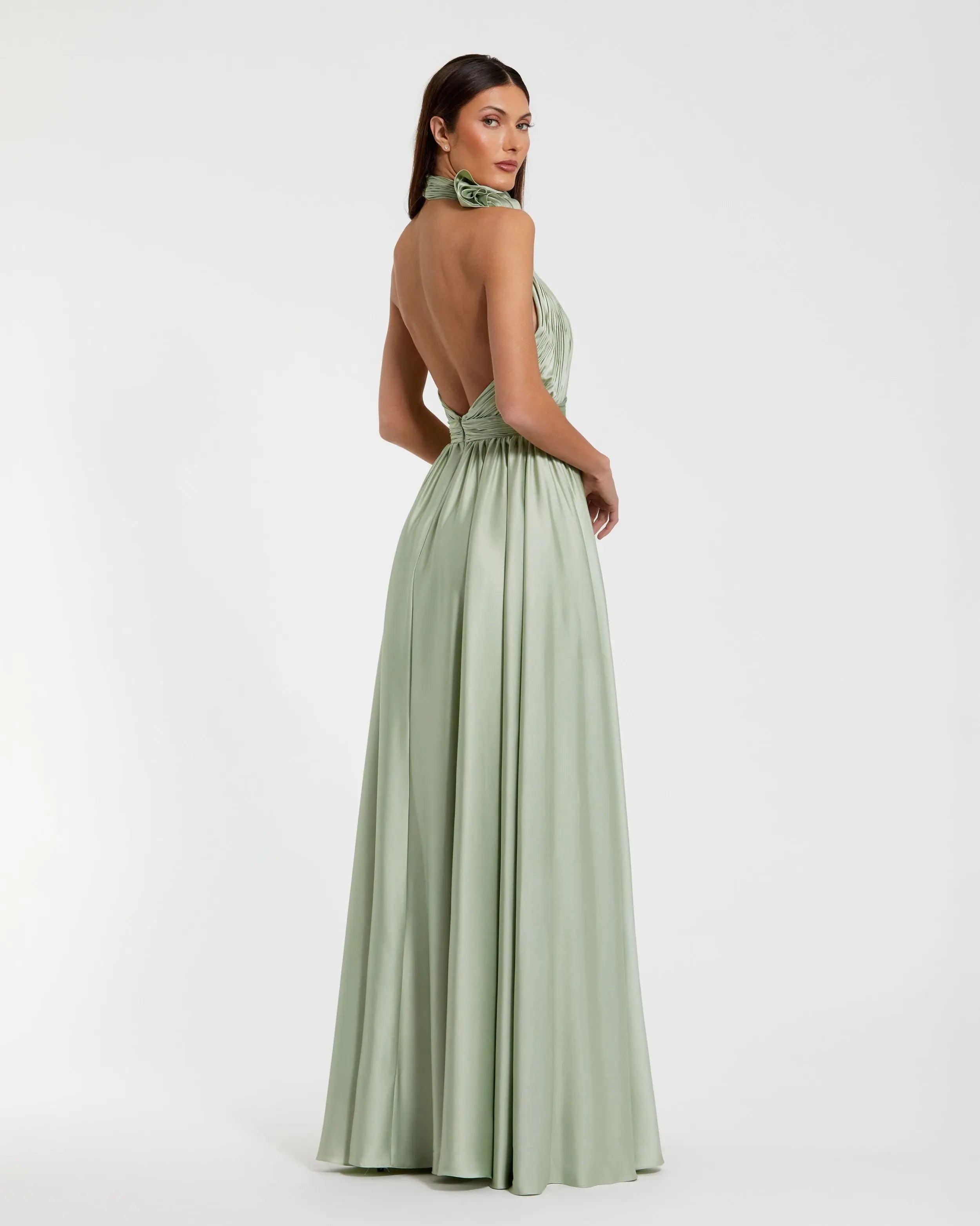 Green Soft Tie Halter Neck High Slit Gown-Myartka