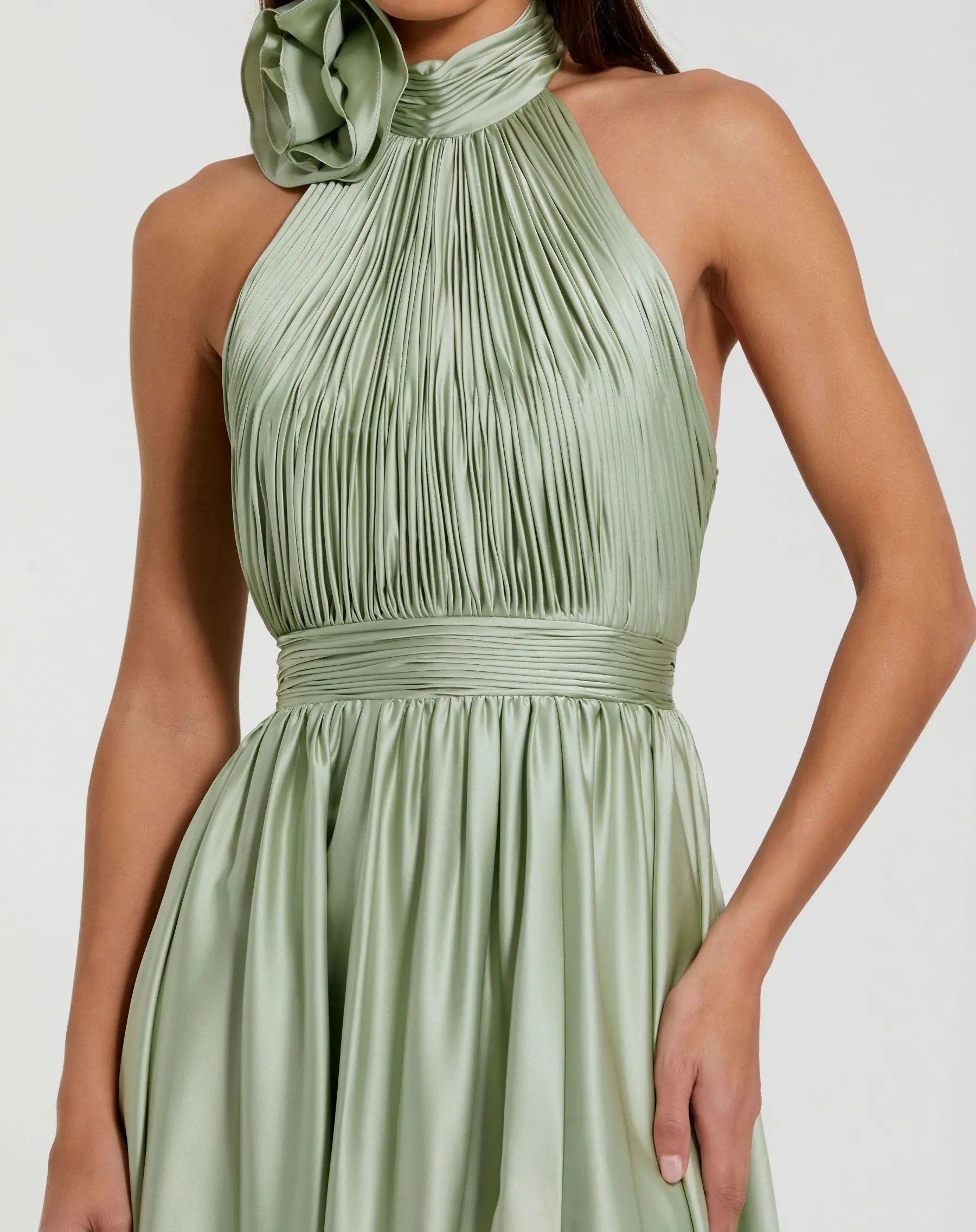 Green Soft Tie Halter Neck High Slit Gown-Myartka