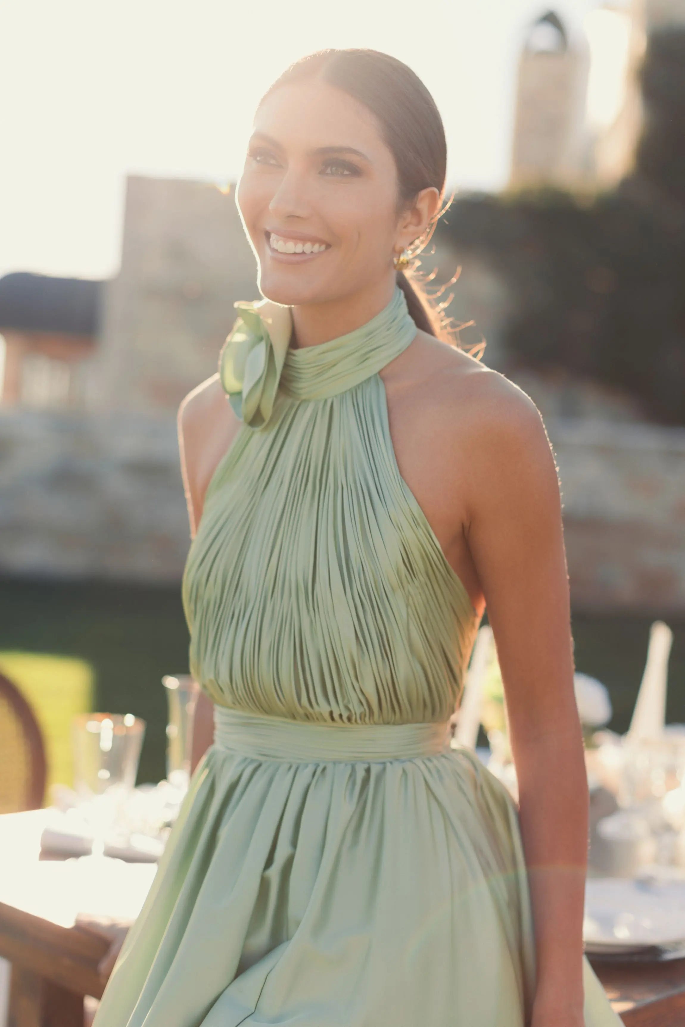 Green Soft Tie Halter Neck High Slit Gown-Myartka