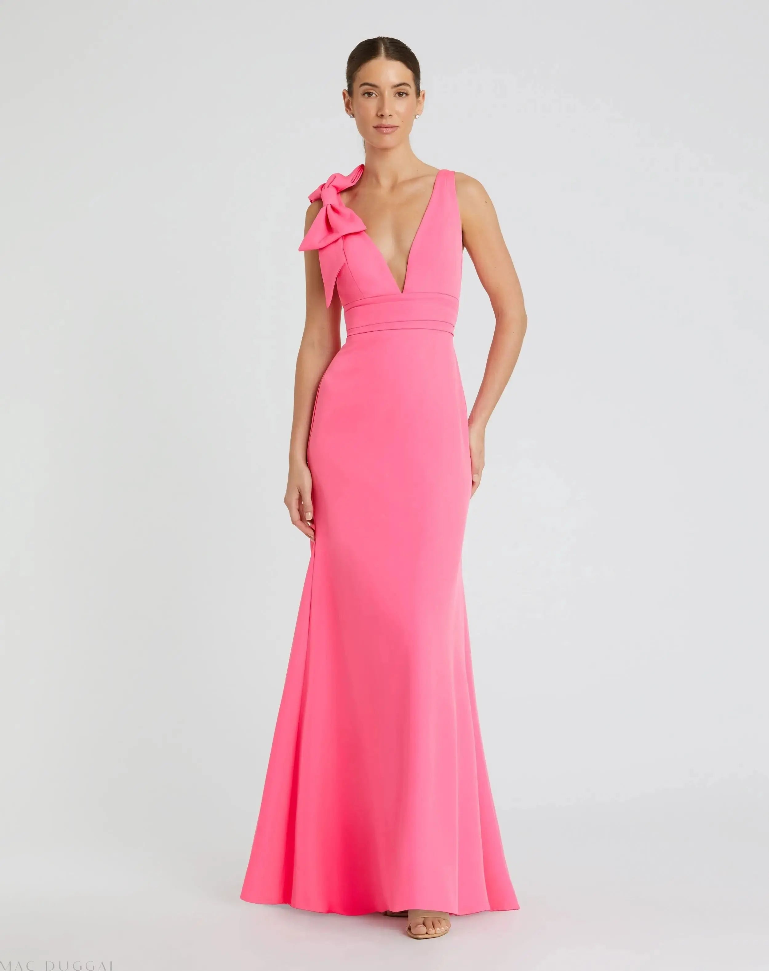 Pink Sleeveless V Neck Bow Detail Mermaid Gown-Myartka