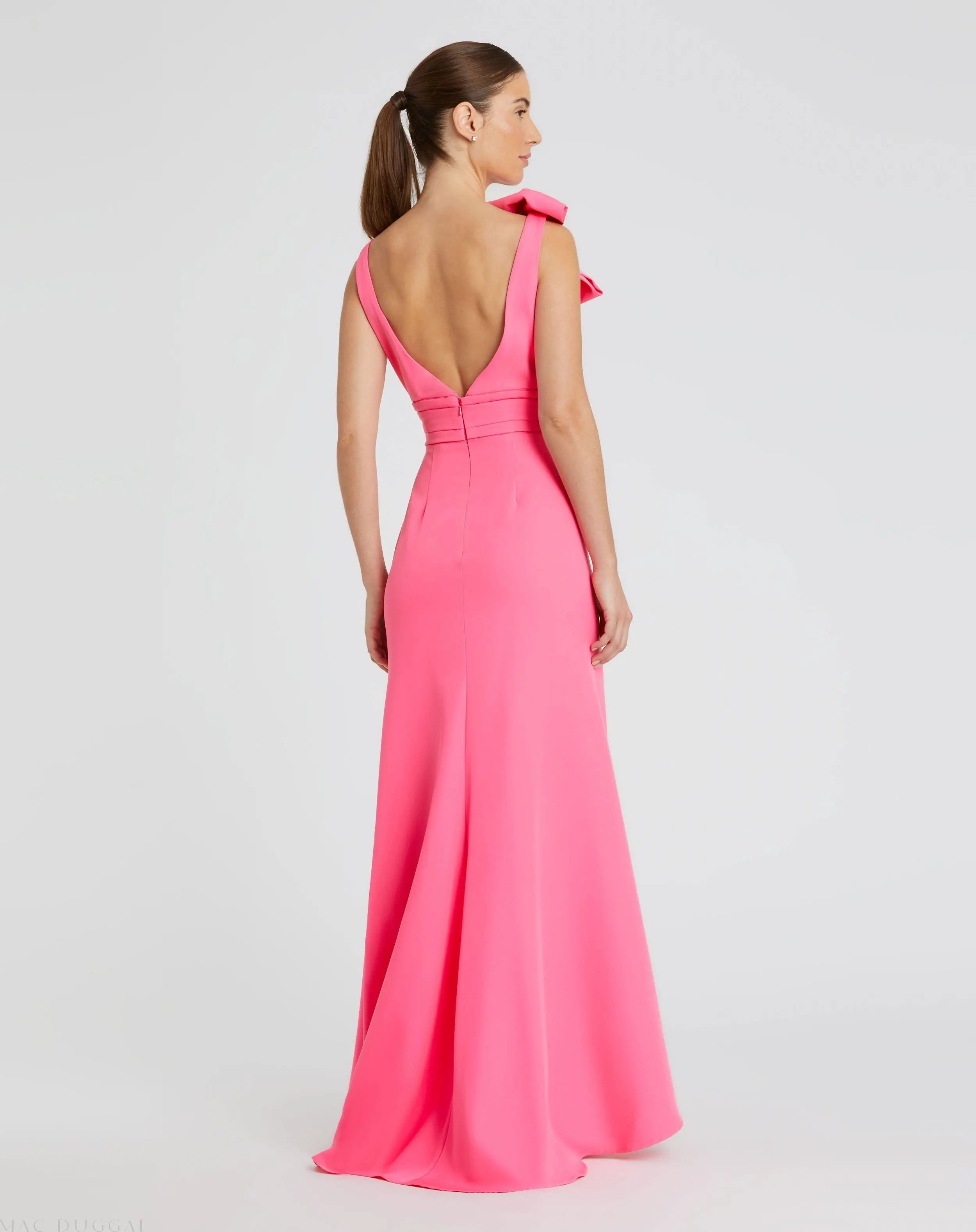 Pink Sleeveless V Neck Bow Detail Mermaid Gown-Myartka