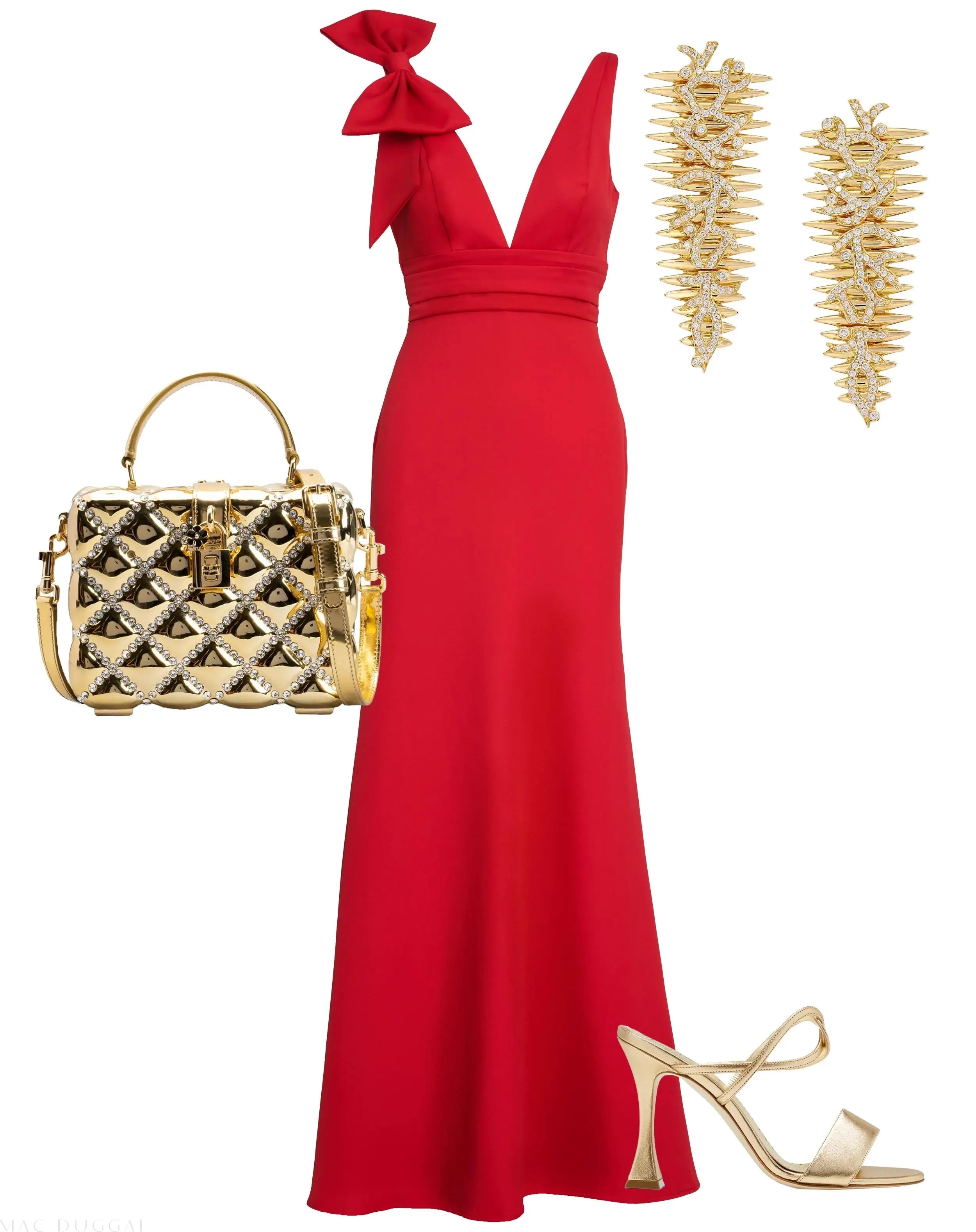 Red Sleeveless V Neck Bow Detail Mermaid Gown-Myartka