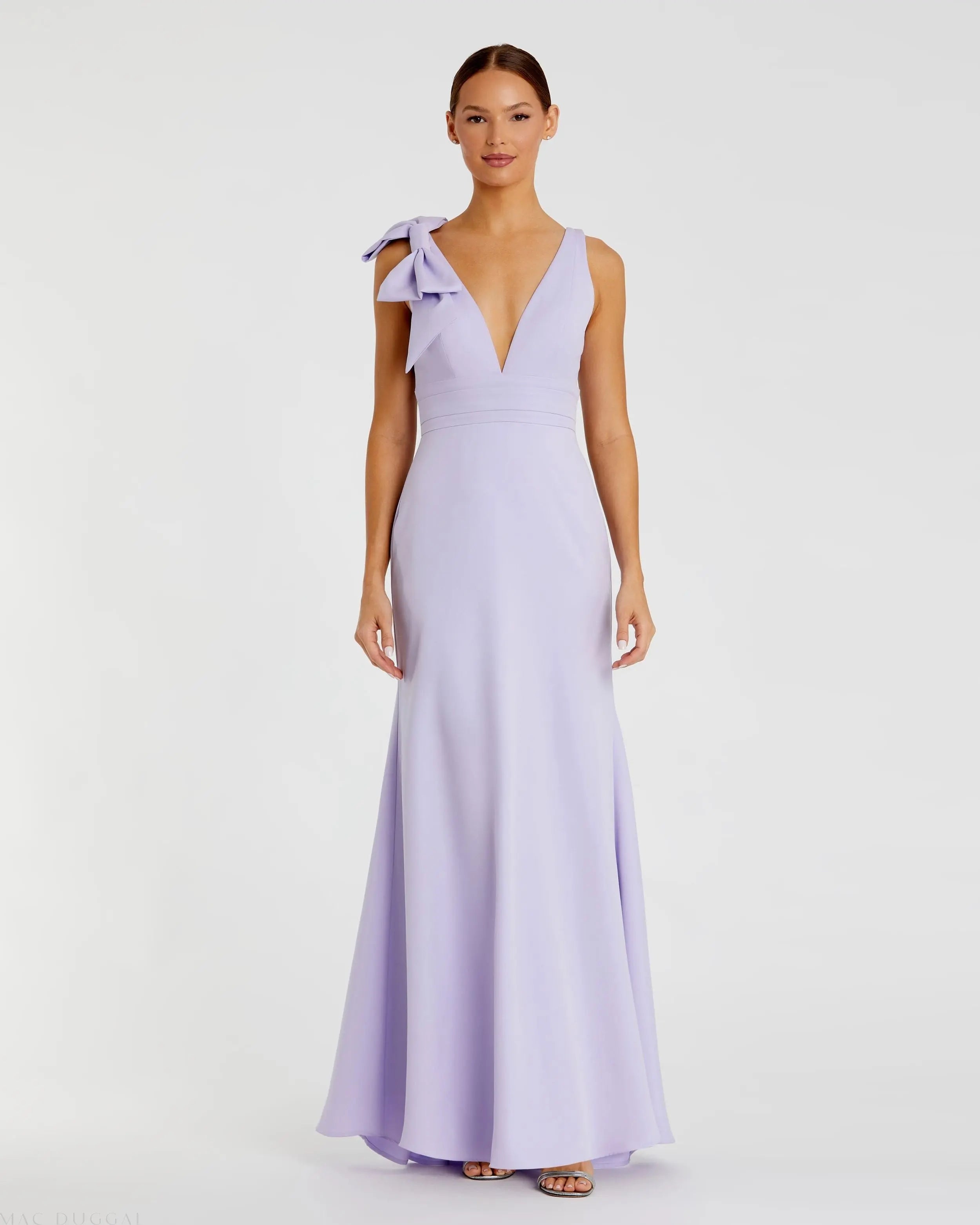 Purple Sleeveless V Neck Bow Detail Mermaid Gown-Myartka