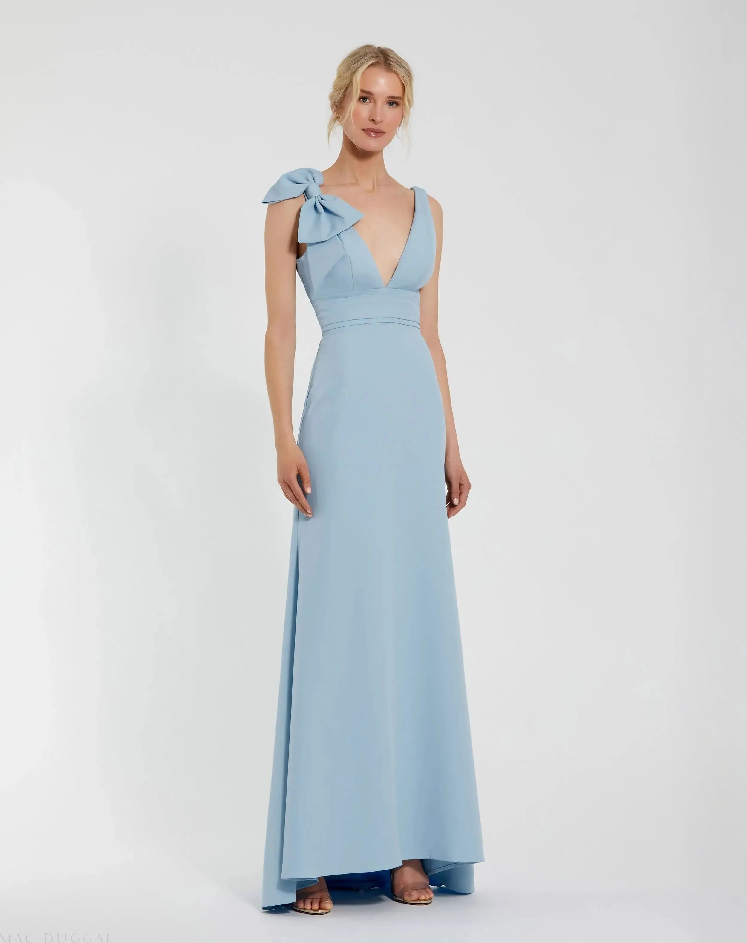 Blue Sleeveless V Neck Bow Detail Mermaid Gown-Myartka