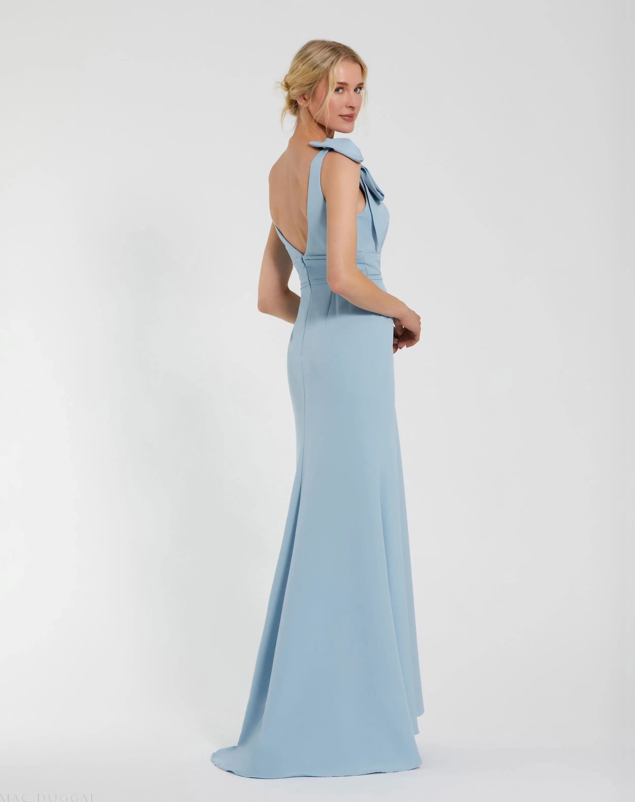 Blue Sleeveless V Neck Bow Detail Mermaid Gown-Myartka