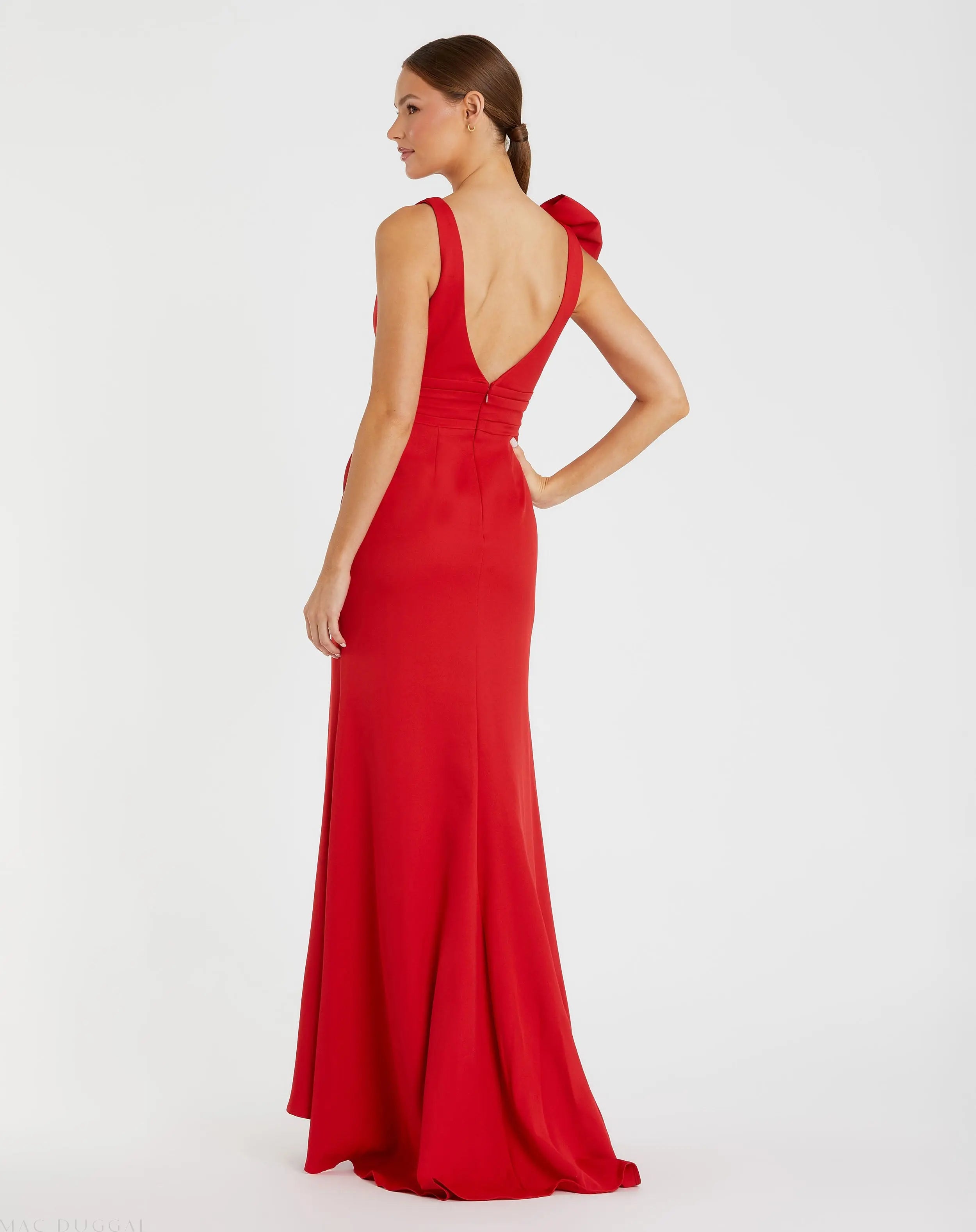 Red Sleeveless V Neck Bow Detail Mermaid Gown-Myartka