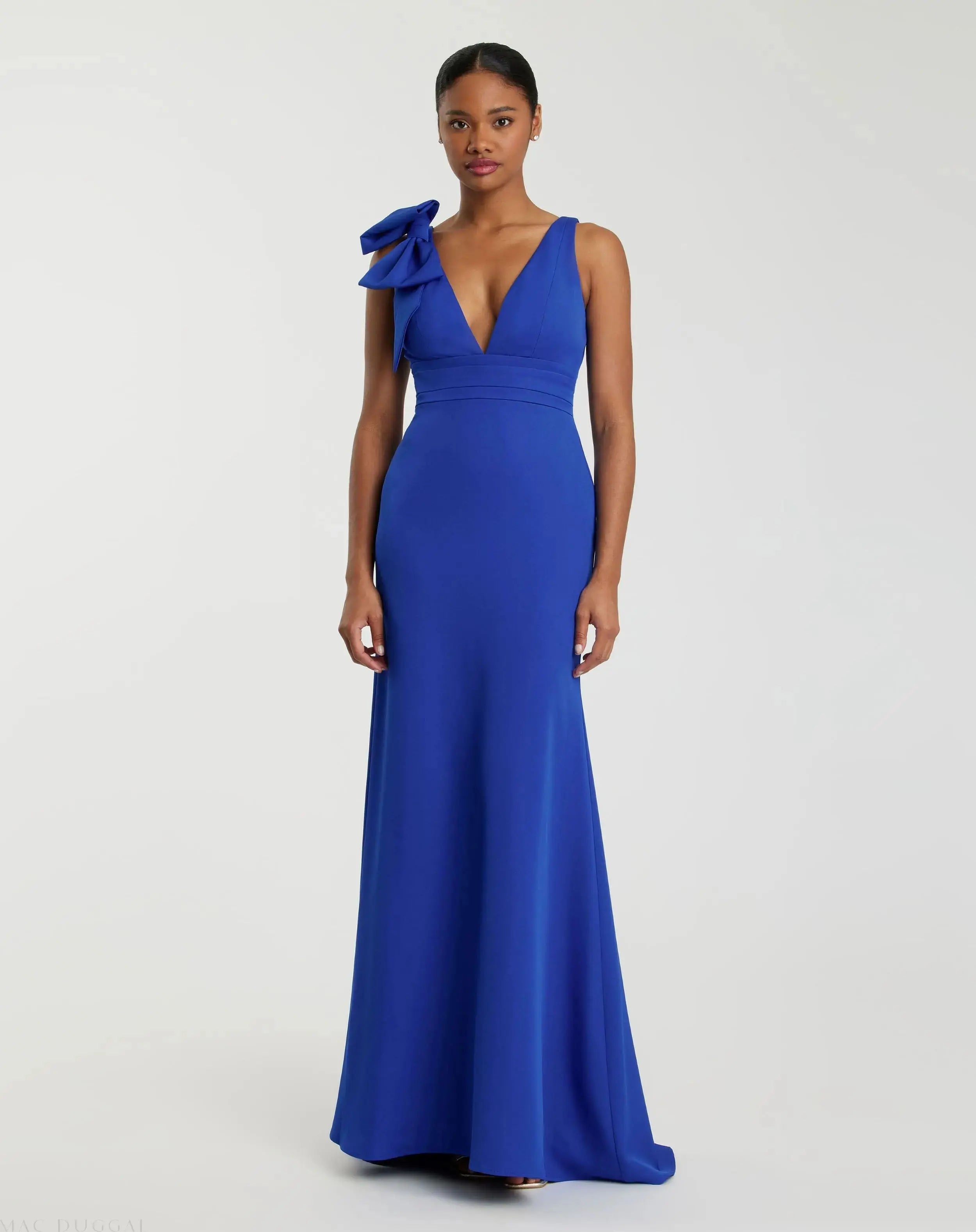 Dark Blue Sleeveless V Neck Bow Detail Mermaid Gown-Myartka