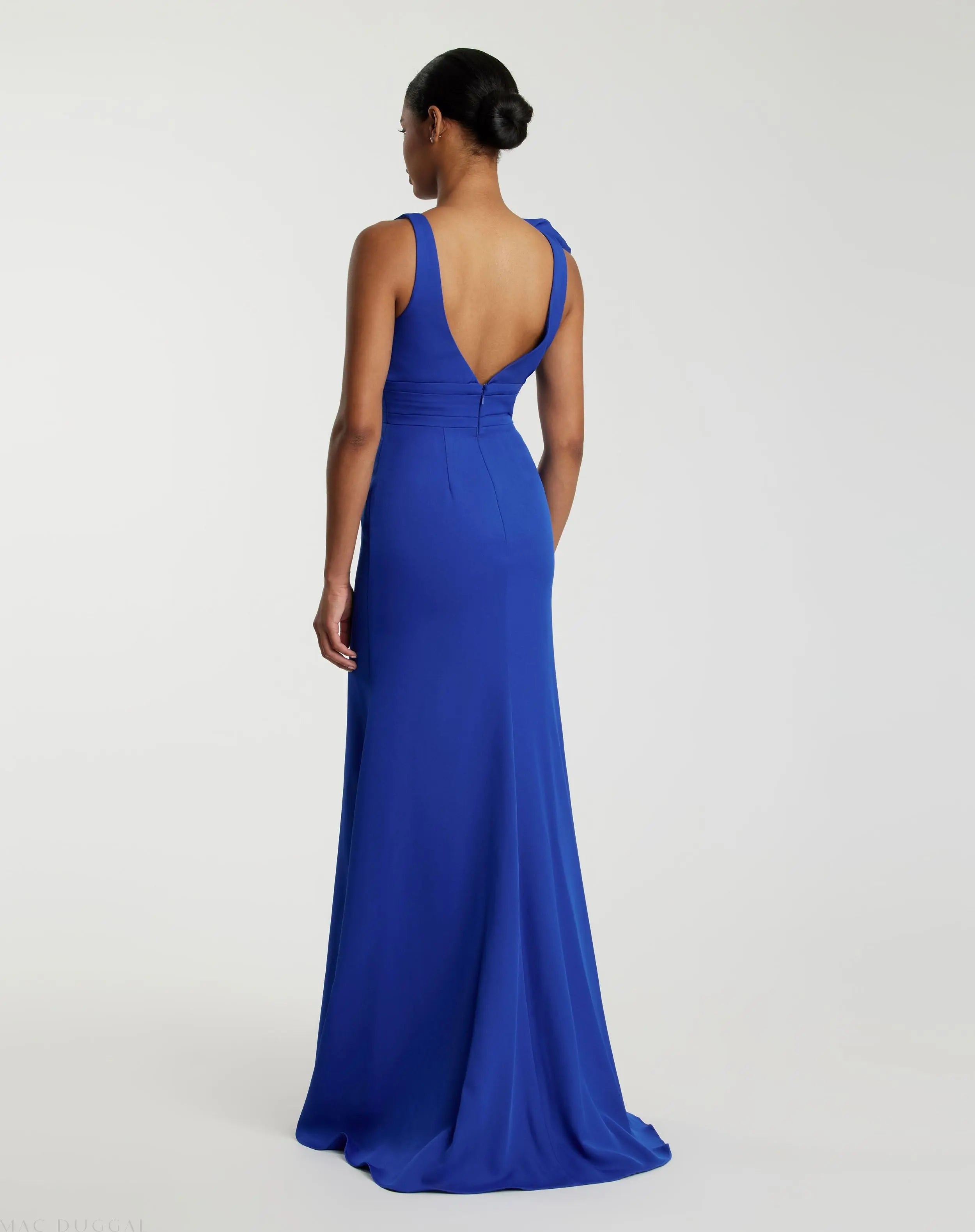 Dark Blue Sleeveless V Neck Bow Detail Mermaid Gown-Myartka