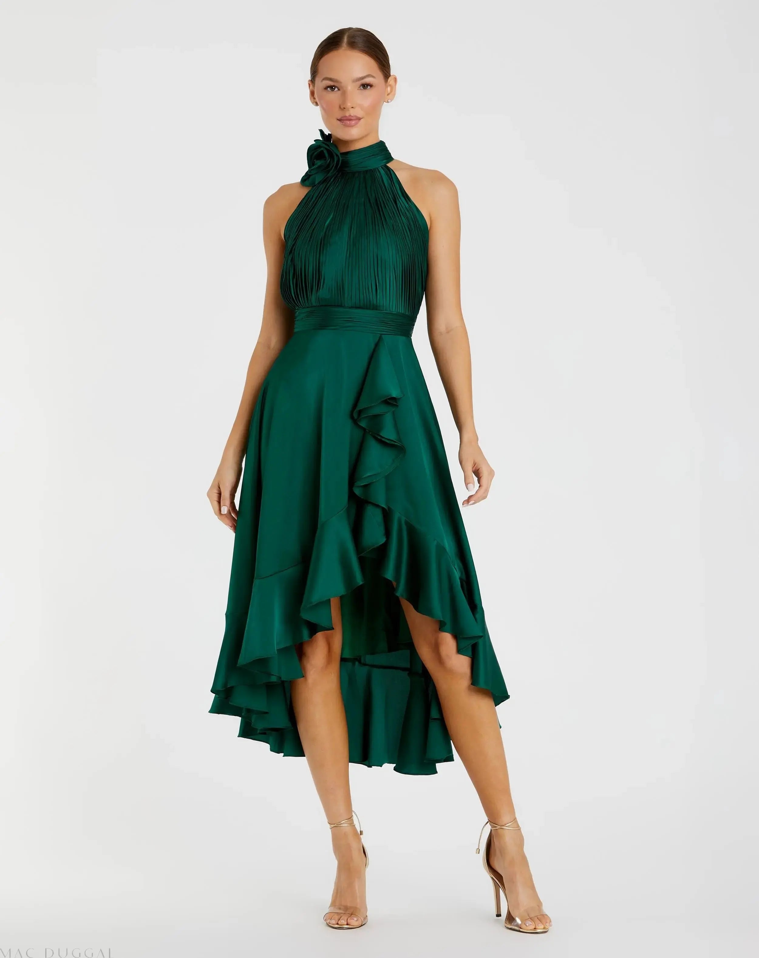 Green Halter Neck Flower Detail Ruffled Midi Dress-Myartka