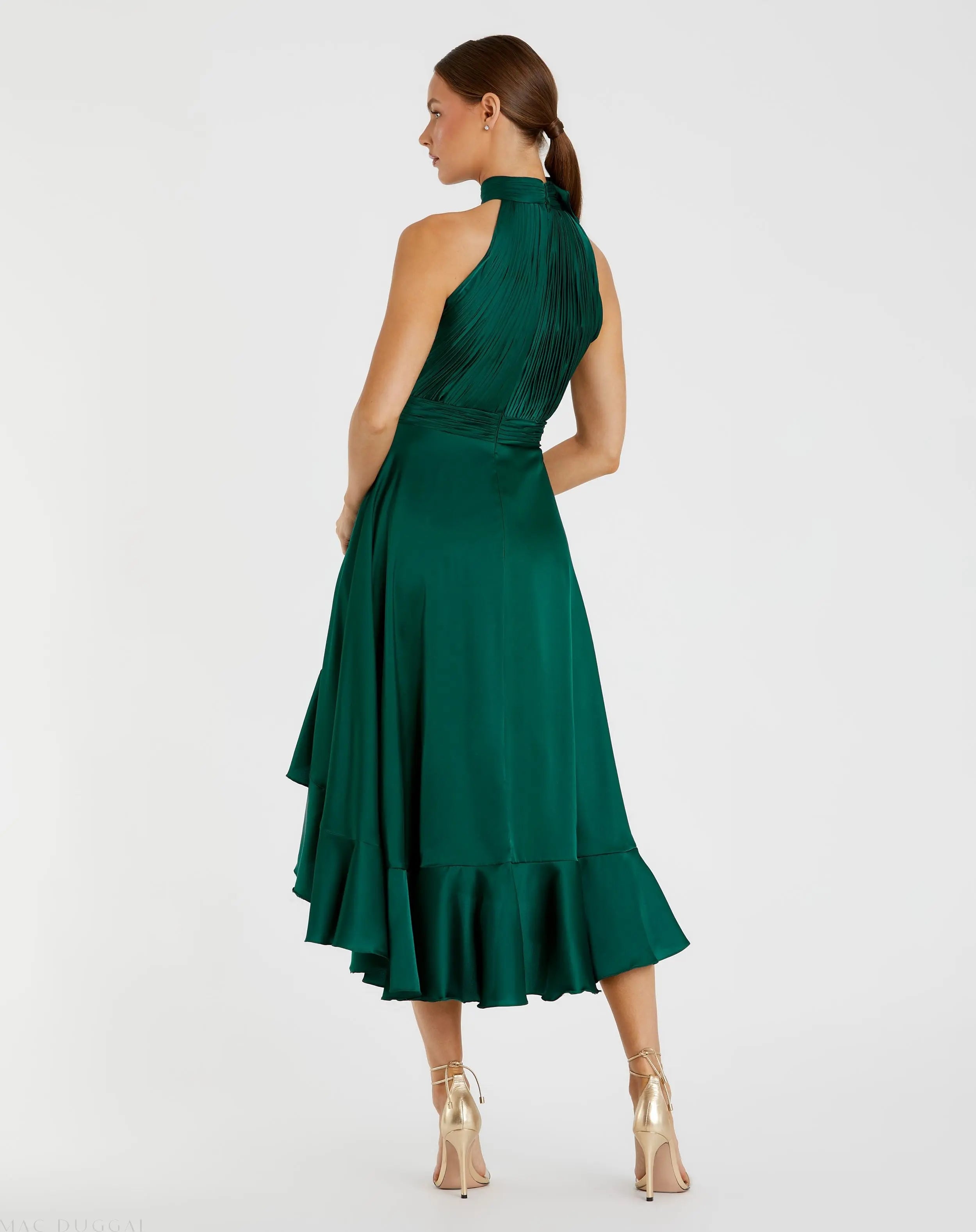 Green Halter Neck Flower Detail Ruffled Midi Dress-Myartka