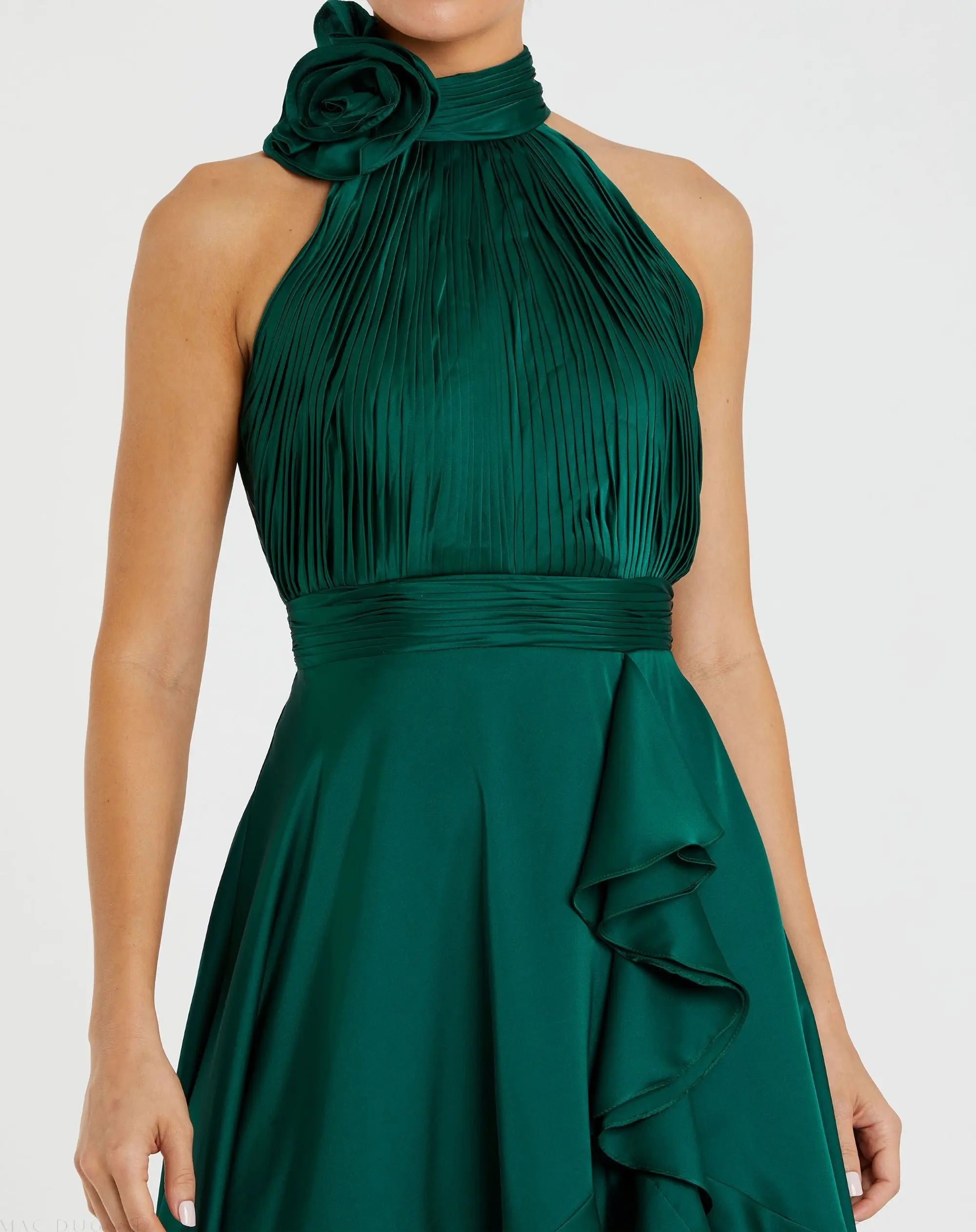 Green Halter Neck Flower Detail Ruffled Midi Dress-Myartka