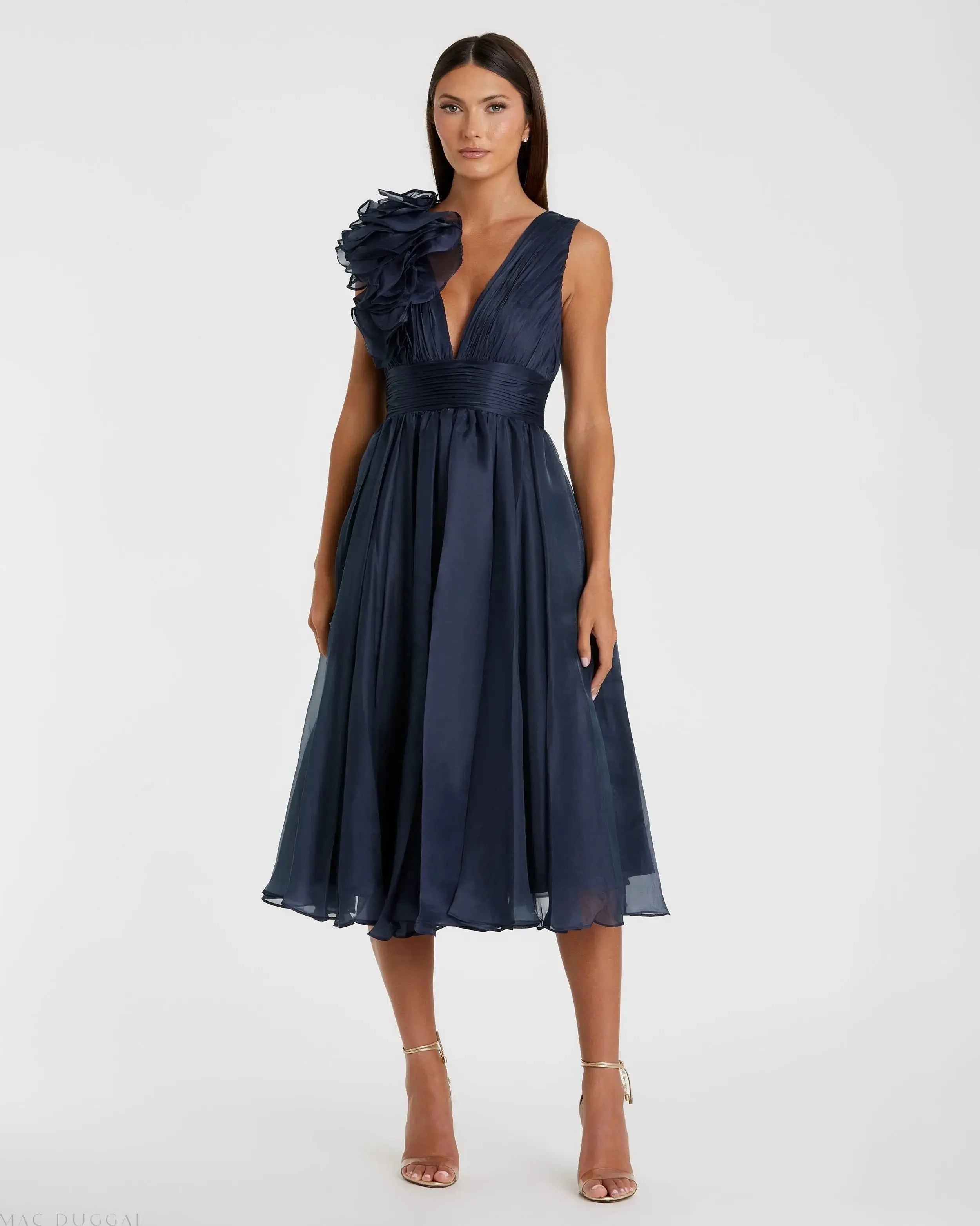 Navy Sleeveless Chiffon A-Line Tea Length Cocktail Dress-Myartka