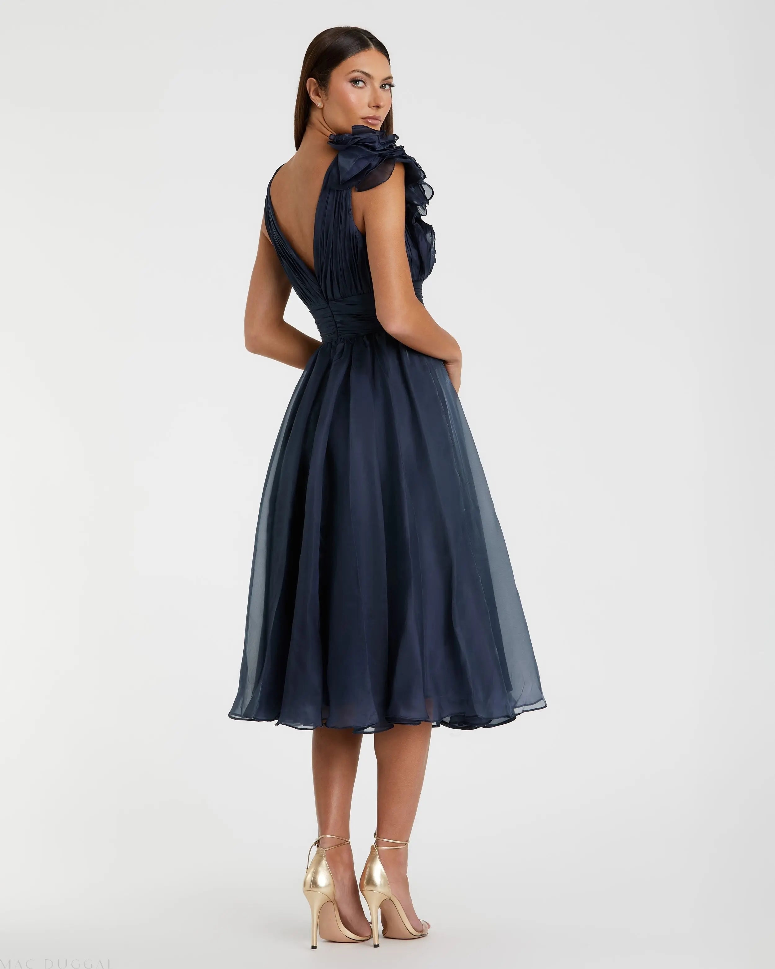 Navy Sleeveless Chiffon A-Line Tea Length Cocktail Dress-Myartka