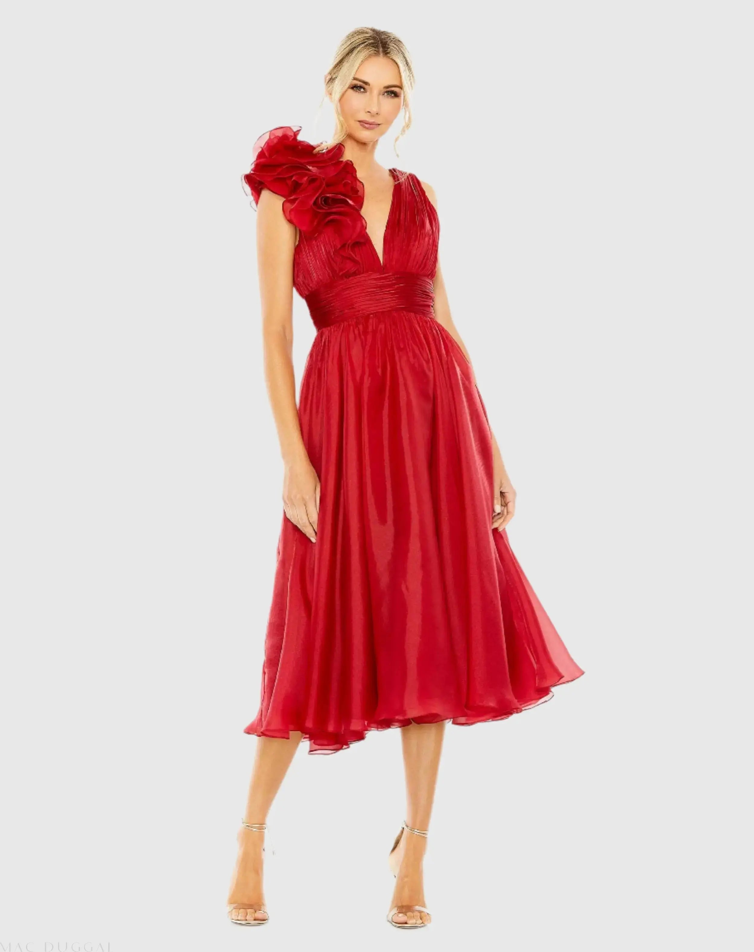 Red Sleeveless Chiffon A-Line Tea Length Cocktail Dress-Myartka