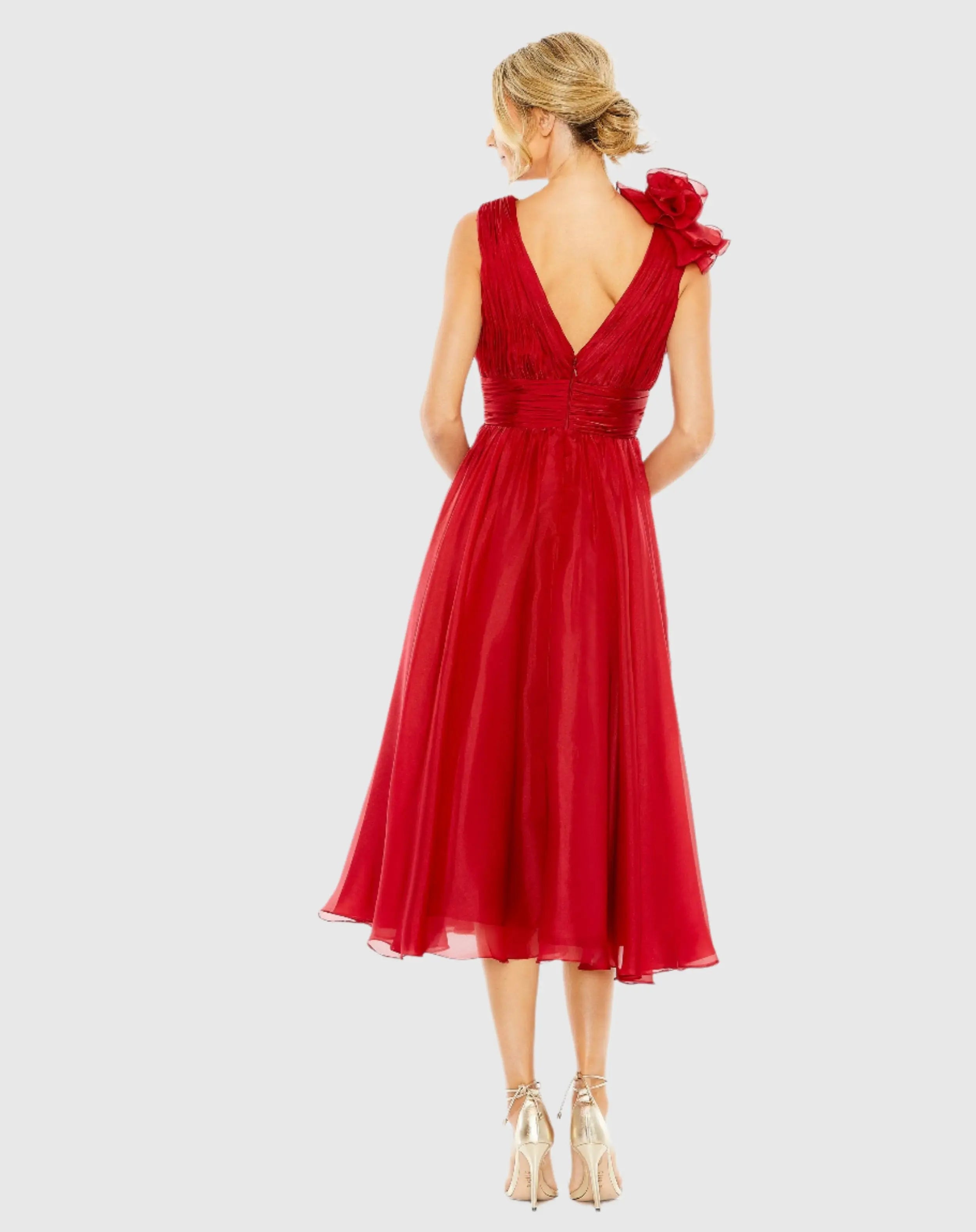 Red Sleeveless Chiffon A-Line Tea Length Cocktail Dress-Myartka